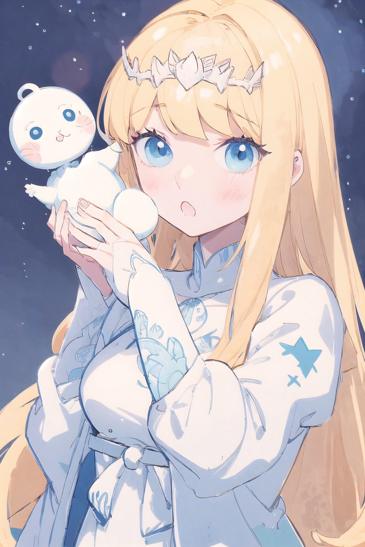 (cute illustration:1.4),(fuwafuwa illustration:1.3),masterpiece, 1girl, blonde hair,,white tiara,（Holding glowing stars in both hands：1.6）,better_hands, calca, extremely long hair, white dress, blue_eyes, long_sleeves