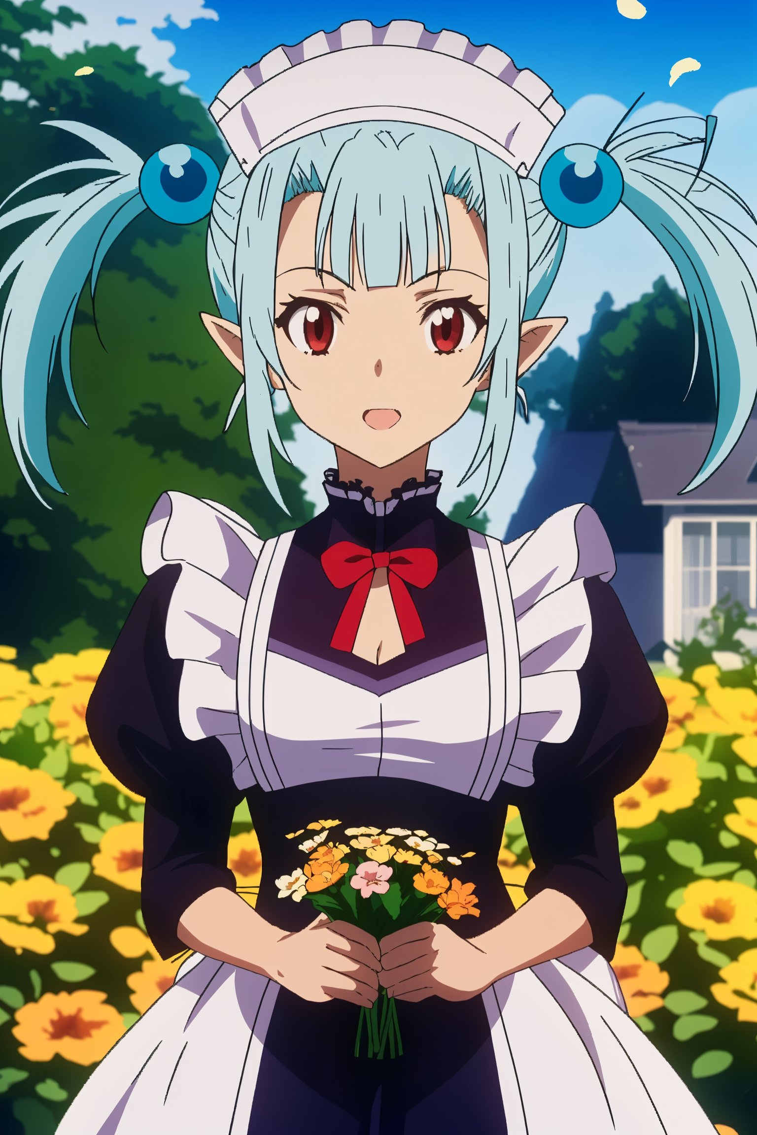 score_9, score_8_up, score_7_up, source_anime, (masterpiece,best quality)(dreamy background),flowers,1girl,mimi,dark red eyes,pointy ears,light blue hair,short hair,pigtails hair,cyan orbs,big white maid headband,maid dress and white apron