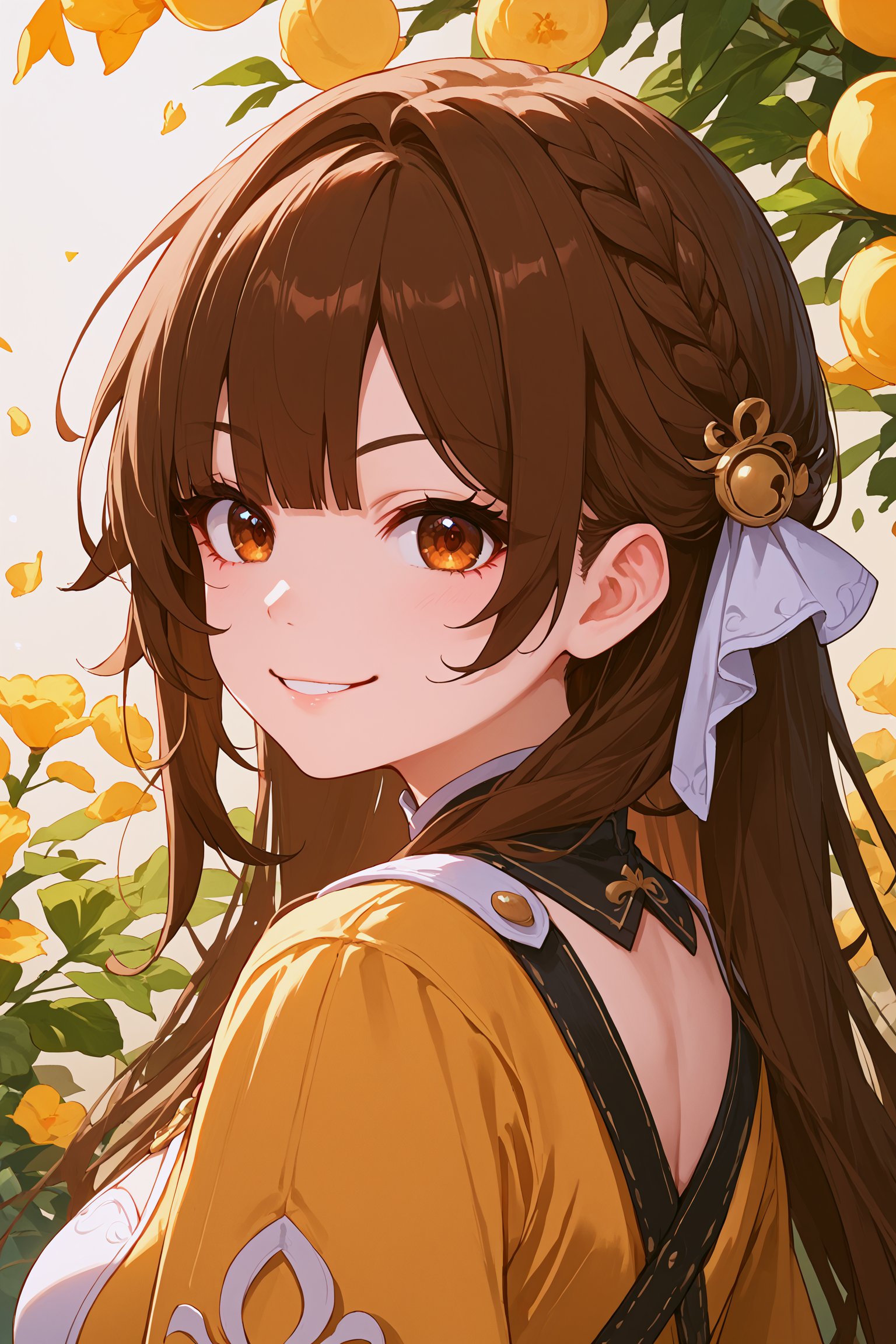 masterpiece, 1girl, high quality, deep_skin, extremely high quality, score_9, score_8_up, score_7_up, source_anime, looking back, smug, beautiful background,sushang,SushangBren,long hair,brown hair,brown eyes, focus face, close up, smile