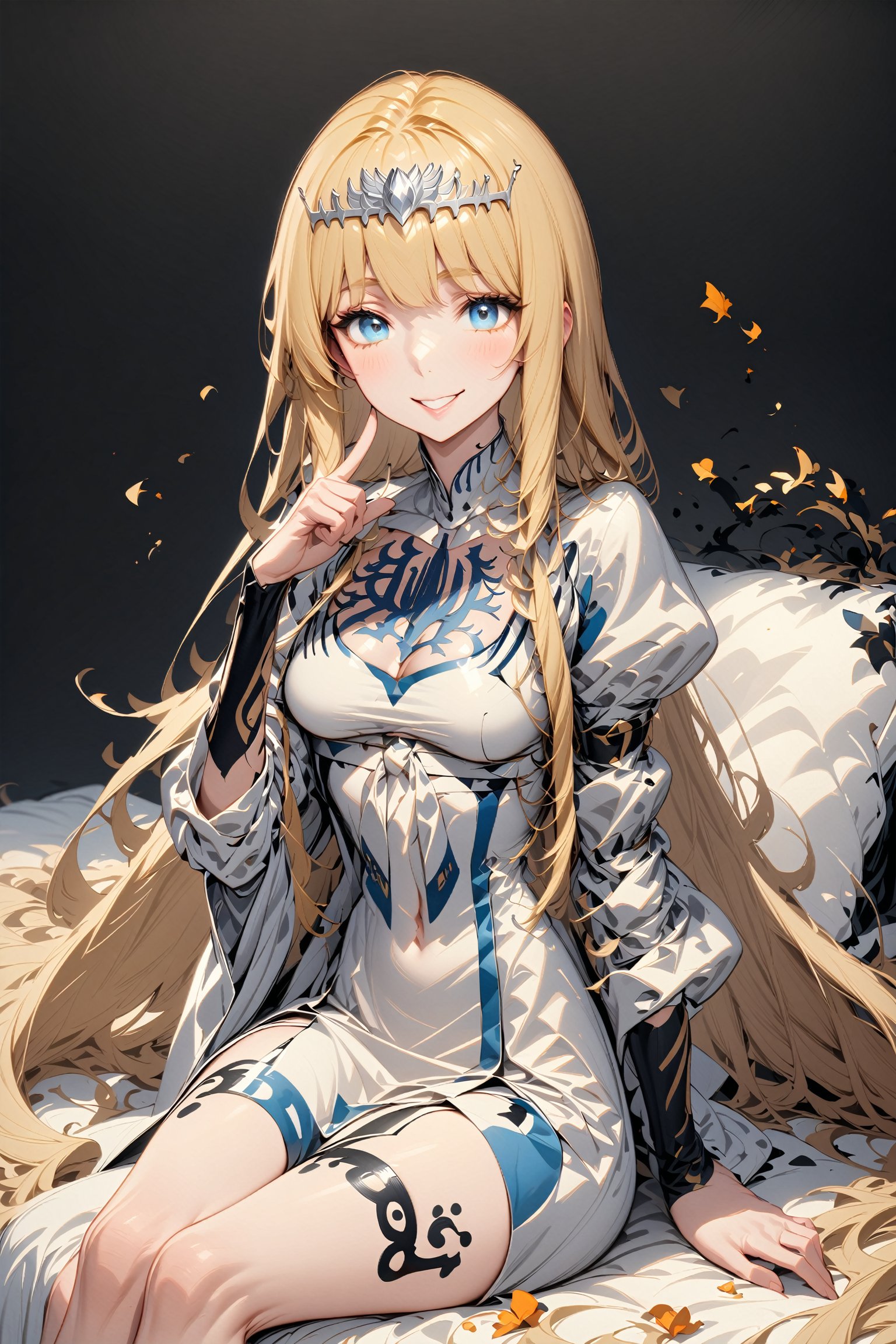 girl sitting on a white bed, , warm and smile, beautiful eyes, winking eye, finger on lips, detailed face, beautiful image.Eyes,Beautiful eyes,INK,  Calca, 1girl, solo, calca, blonde hair, medium chest, extremely long hair, very long hair, extra long hair, white tiara, white dress, blue eyes,Calca Bessarez,medium breast