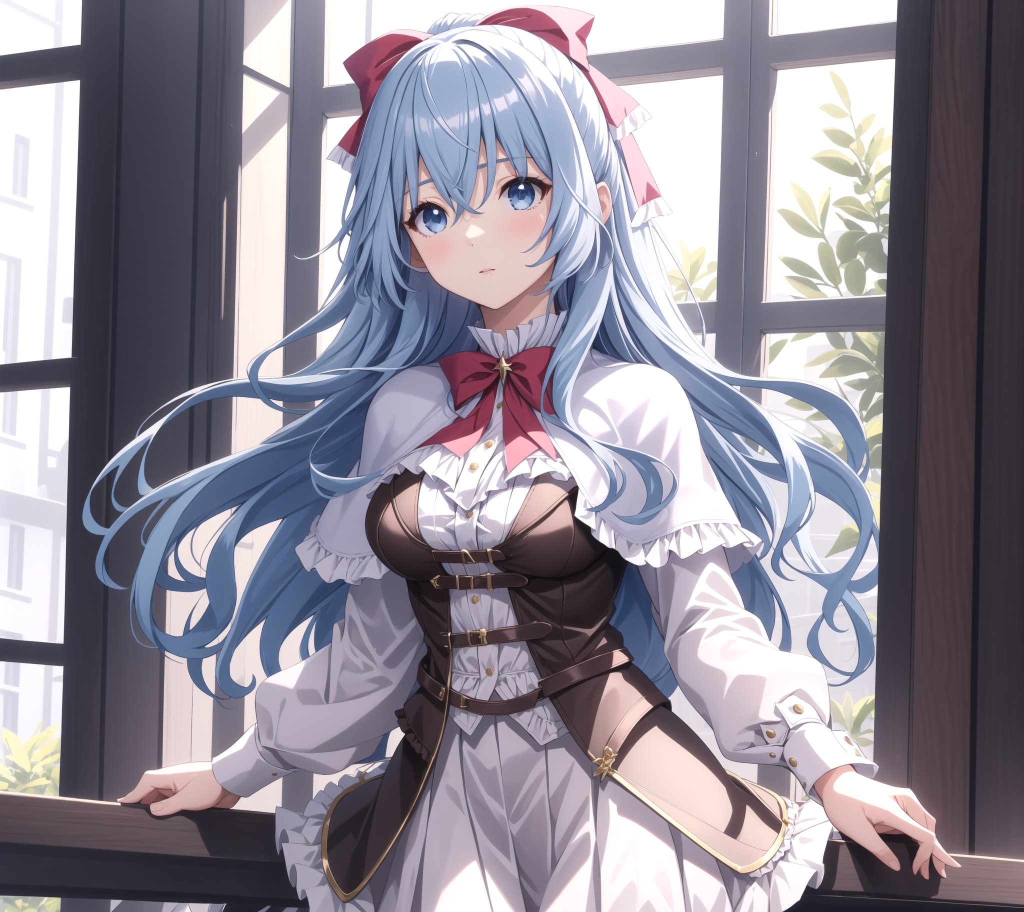 masterpiece, best quality, 1girl, solo, liselottecretia, long hair, blue hair, blue eyes, bangs, hair between eyes, hair ribbon, white shirt, red bowtie, frills, brown vest, capelet, skirt, ,liselottecretia, big_breast