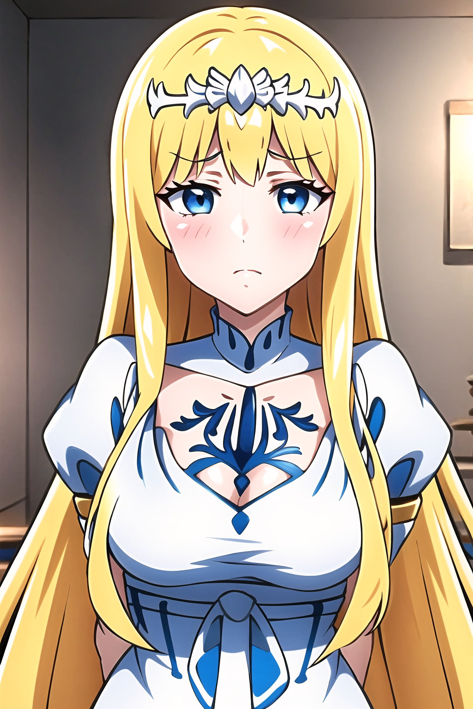 anime screencap, 1girl, , beautiful mature woman, solo focus, blonde hair, blue eyes, , blush, makeup, looking at the viewer, expressive face detail, expressive face expression, ,, on the bed,,masterpiece, best quality, high quality, ,

Calca, , calca, blonde hair, medium chest, extremely long hair, very long hair, (extremely long hair:1.3), white tiara, white dress, blue eyes,Calca Bessarez, upper body