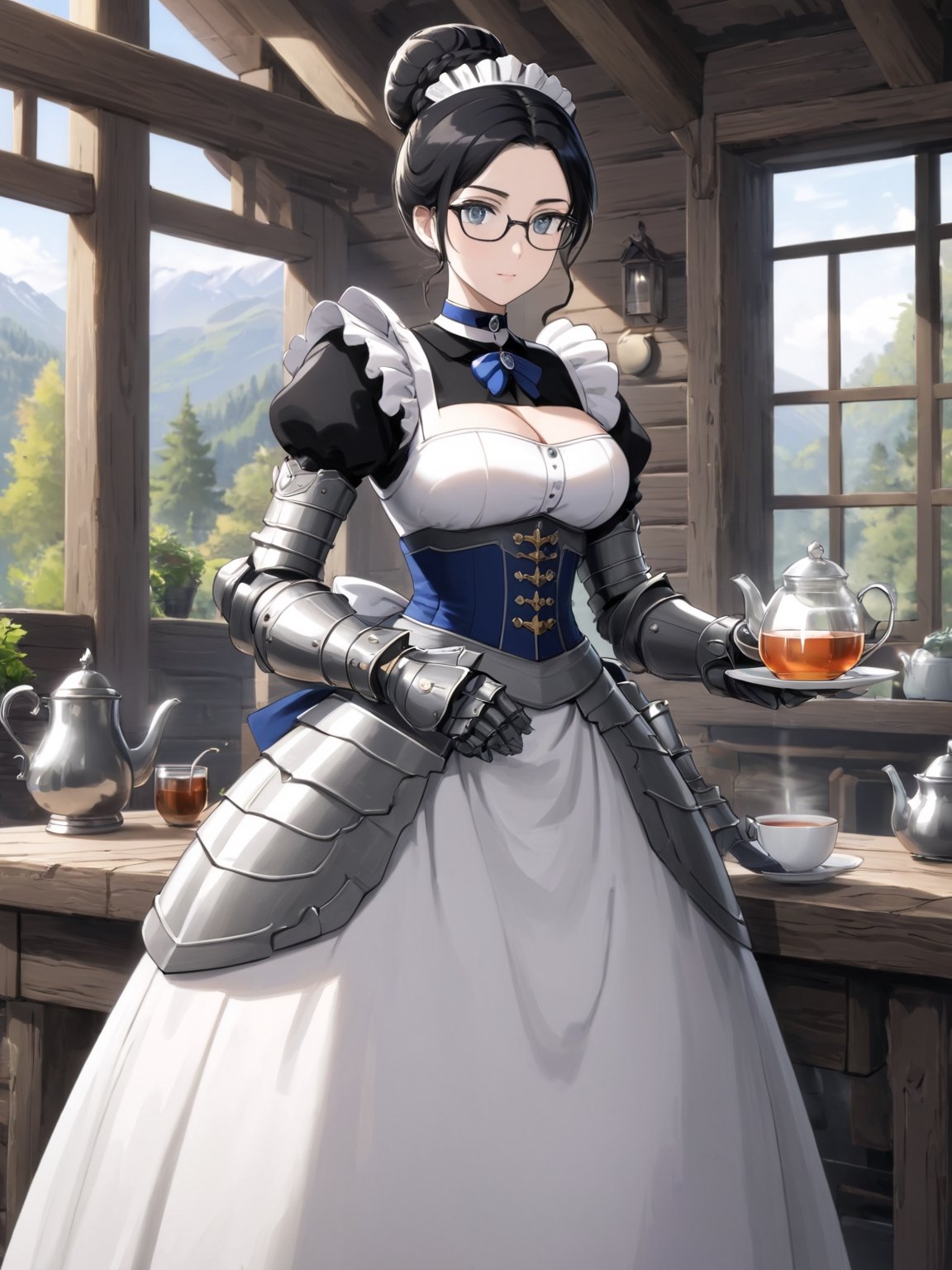 //Quality,
masterpiece, best quality, detailed
,//Character,
solo,
,//Fashion,
,//Background,
log house, pouring tea
,//Others,
,Yuri Alpha \(overlord\), 1girl, grey eyes, glasses, black hair, hair bun, breasts, dress, broach, choker, maid, armor, gauntlets, corset, white maid head band