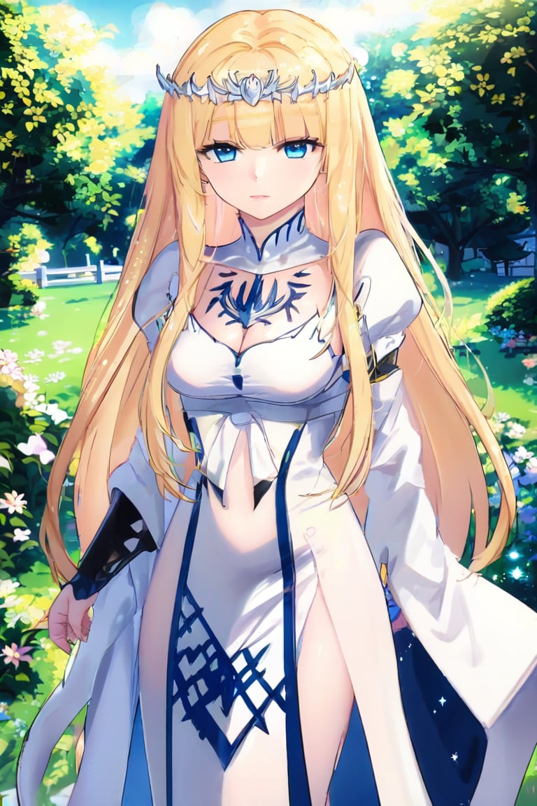 Beautiful girl, masterpiece quality, light particles, garden background, looking at the viewer, upper body, Anime Style., highly detailed, 1girl, solo, Calca, Calca Bessarez, blonde hair, (extremely long hair:1.3), very long hair, white tiara, white dress, blue eyes,blunt bangs