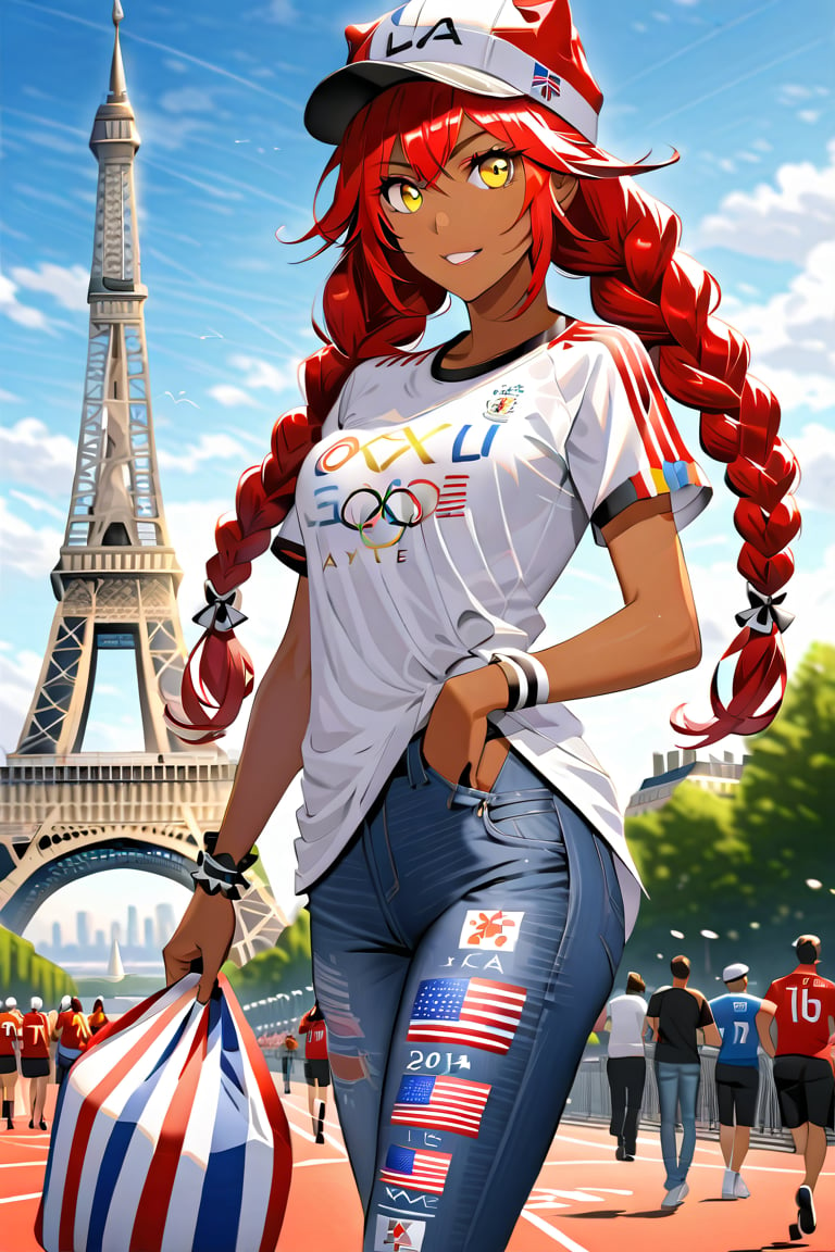 On a splendid sunny day, at the foot of the Eiffell Tower, cheer for her national team at the Olympics, a white t-shirt with the five Olympic rings and a pair of jeans, in one hand she holds a skull flag., lupusreginabeta, very long red hair, yellow eyes, twin braids, dark-skinned female, black hat, maid dress, , yellow eyes, double braided hair