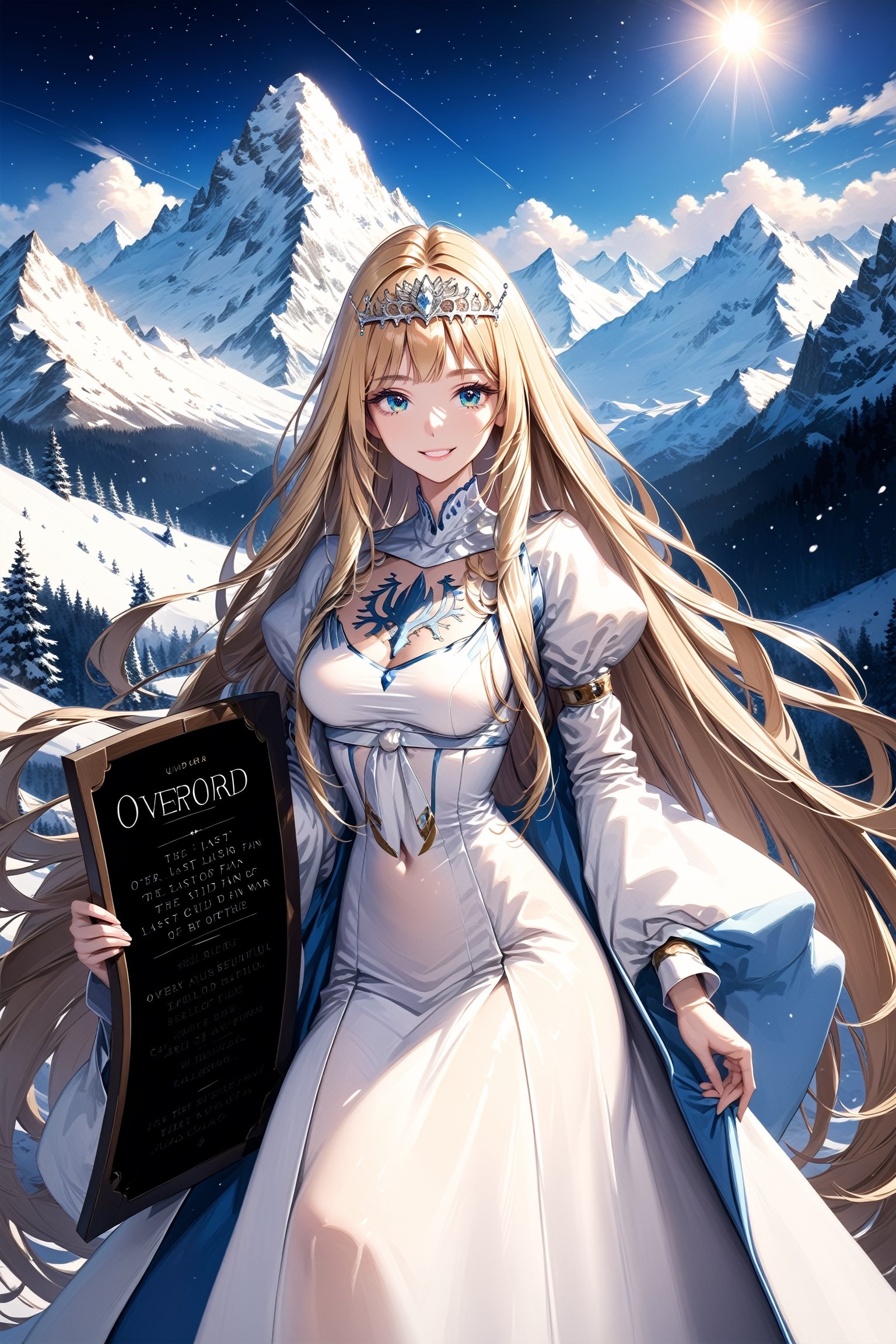 Very beautiful girl holding a board with text "Overlord the Movie (Fan Fiction): The Last Guild War of Nazarick" text, illustration, detailed, realistic, UHD, beautiful detailed eyes, beautiful detailed, Warmly smile.,Text,Ink art,Calca, 1girl, solo, calca, blonde hair, , medium chest, extremely long hair, very long hair, extra long hair, white tiara, white dress, blue eyes,