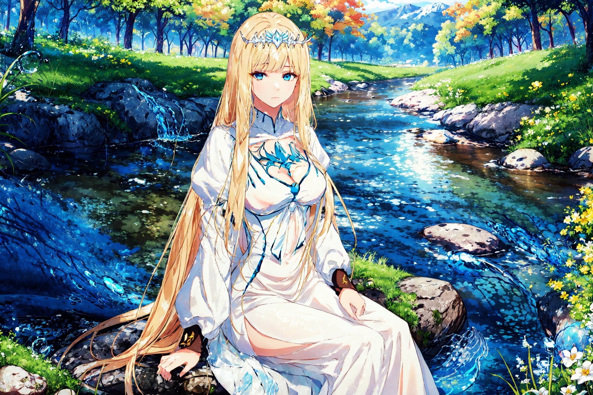 masterpiece,best quality,1girl,mature female,calca, ,sitting,neutral expression,outdoors,riverbank,wind,water drop, calca bessarez,blonde hair, extremely long hair, very long hair, medium breast, white tiara, white dress, blue eyes