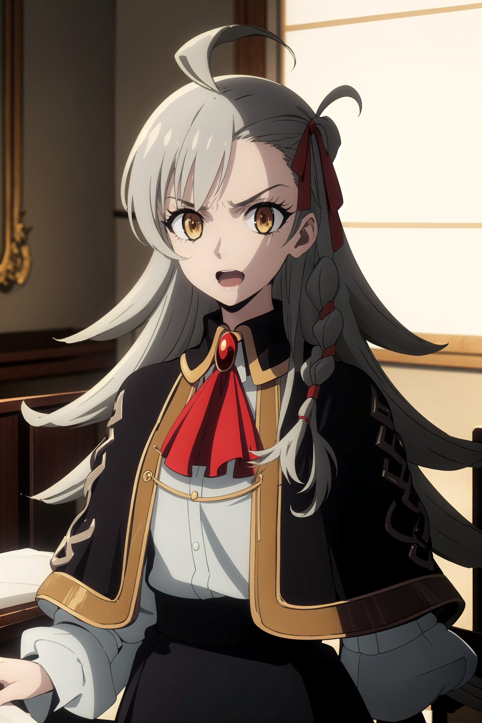 best quality, (masterpiece:1.2), detailed, ,1girl, solo, open mouth, light smile, grey hair, yellow eyes, long hair, ahoge,  side braid, hair ribbon, black dress, black skirt, brooch, red ascot, capelet, white sleeves, standing, looking at the viewer, indoors, 25 years old, mature female, serious face