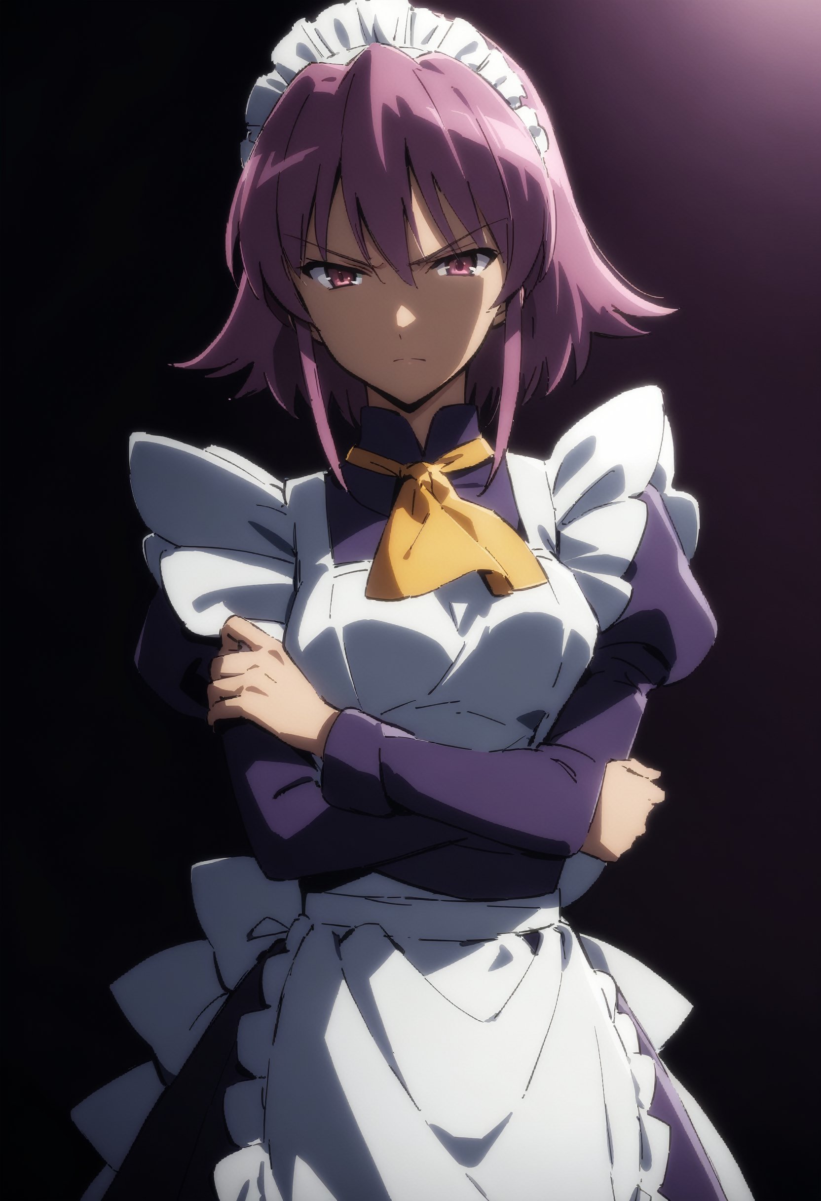 masterpiece, best quality, very aesthetic, absurdres, official art, 

closed mouth, cowboy shot, looking at viewer, simple background, 
cinematic shadow, cinematic lighting, ,1girl, dark purple maid dress, white apron, white maid headband, yellow double necktie, puffy sleeve, long sleeve, dark pink hair, sidelock, short hair, dark pink eyes, serious face, 25 year olds, 