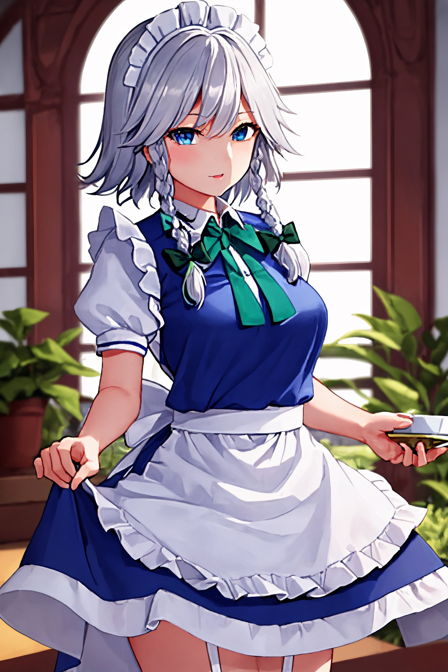 1girl, painters artists, fullcolor, , indoor, victorian gothic style mansion, Sakuya Izayoi, blue maid outfit, white apron, white maid headband, silver hair, (two braided hair), short hair, blue eyes, blue eyes, (two green ribbons on her braided hair), green bowtie, Sakuya,izayoi_sakuya_touhou