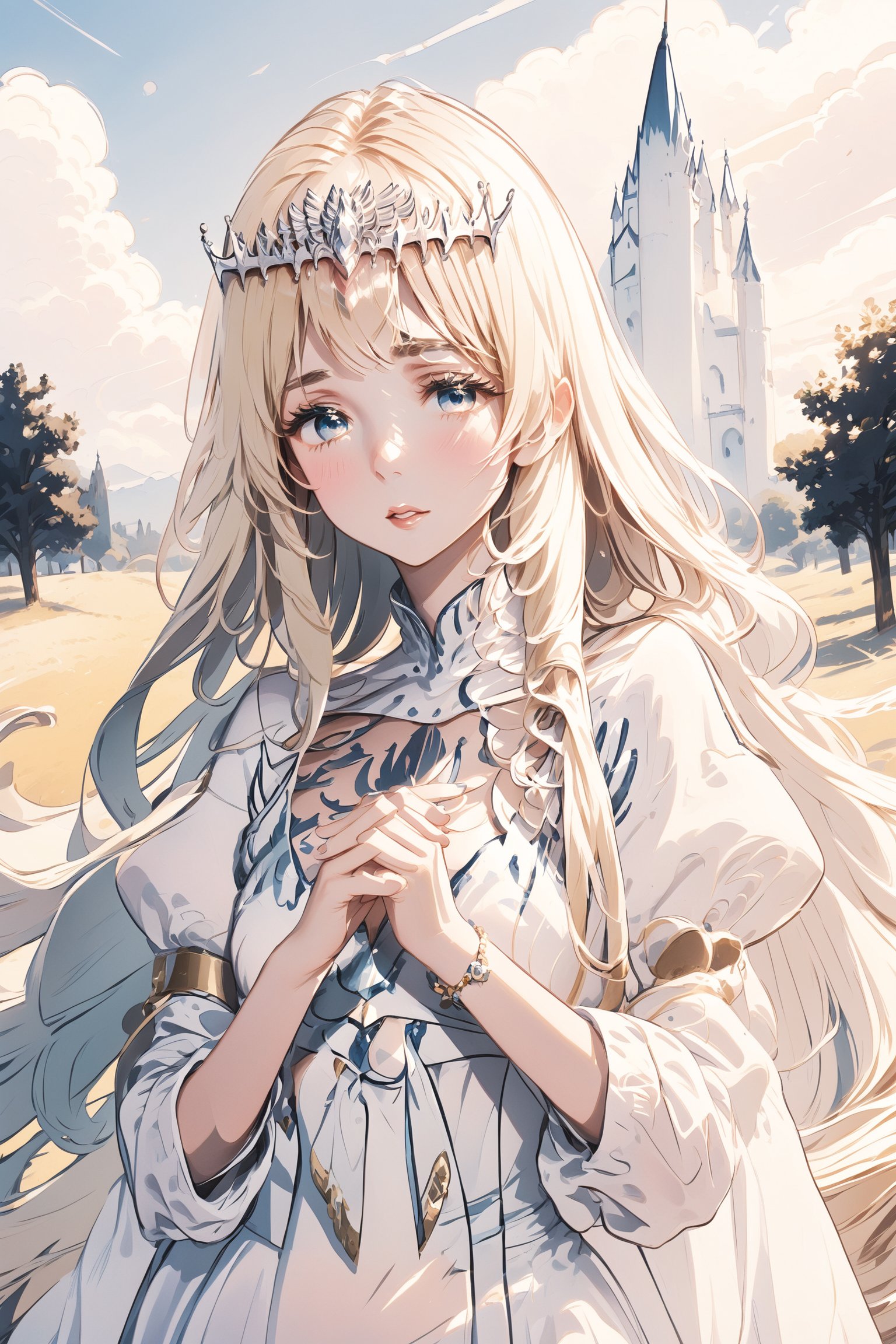  looking at viewer, blush, bangs,, parted lips, , blunt bangs, nail polish, own hands together, 1girl, solo, Calca, Calca Bessarez, blonde hair, (extremely long hair:1.5), very long hair, (white tiara:1.3), white dress, blue eyes, medium chest