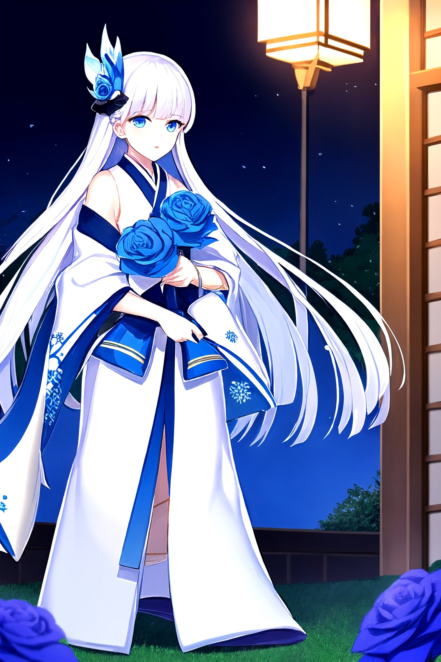 //Quality,
masterpiece, best quality
,//Character,
1girl, solo
,//Fashion,
,//Background,
night, Rose garden
,//Others,
 blue roses, 1girl,,Yuki Onna,  japanese kimono, bare shoulder, light blue hair, extremely long hair, blue eyes, hair ornament, blue ribbon, blue earring,