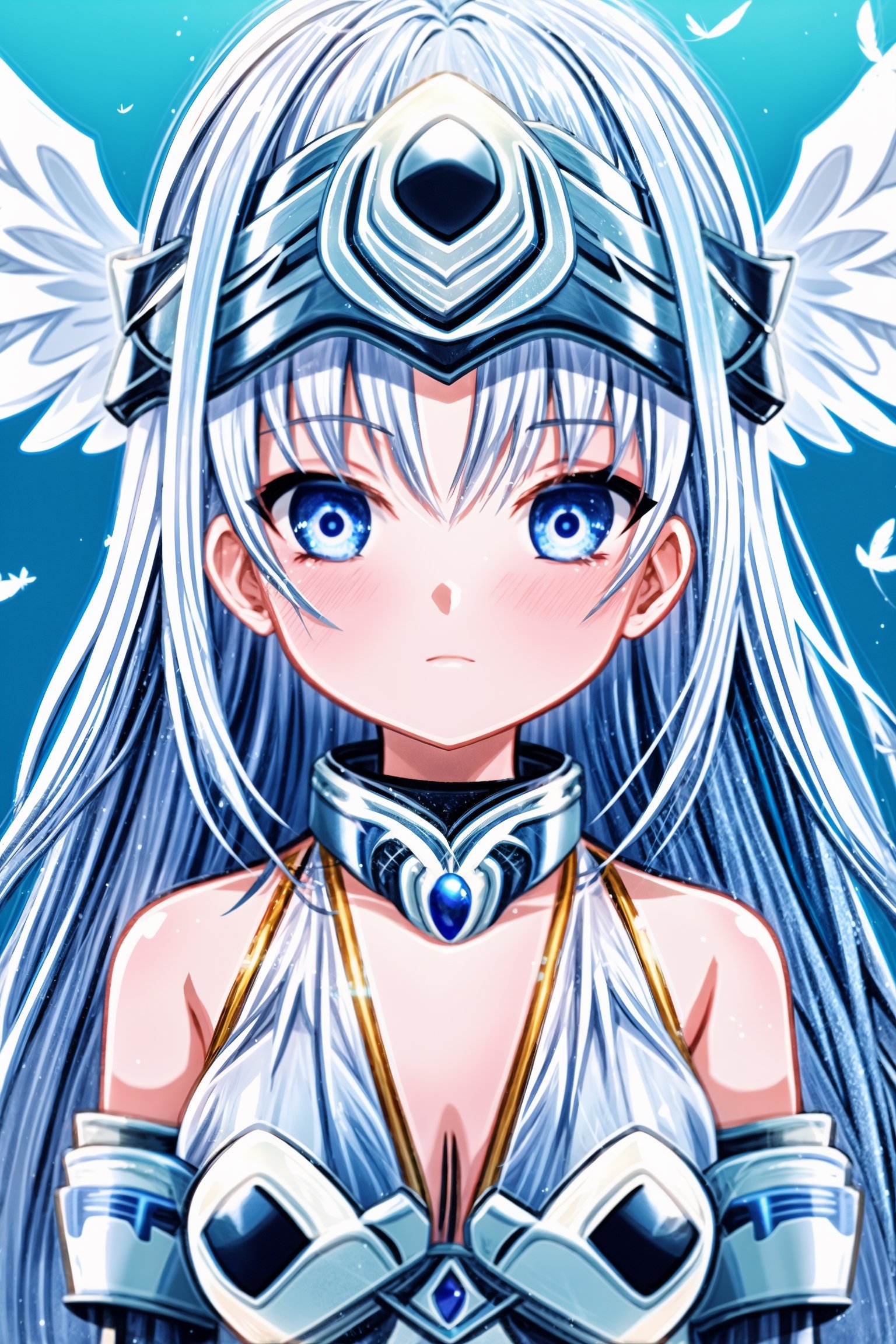 High quality, masterpiece, , 1 girl, beautiful female, , shiny hair, bright eyes, floating_hair, floating above a garden of different types of wildflowers,Noint, extremely long hair, silver hair, straight hair, light blue eyes, large white wing, feather Wings, hair ornament, silver hair band, off-shoulder, serious face, hand armors, silver neck armor,