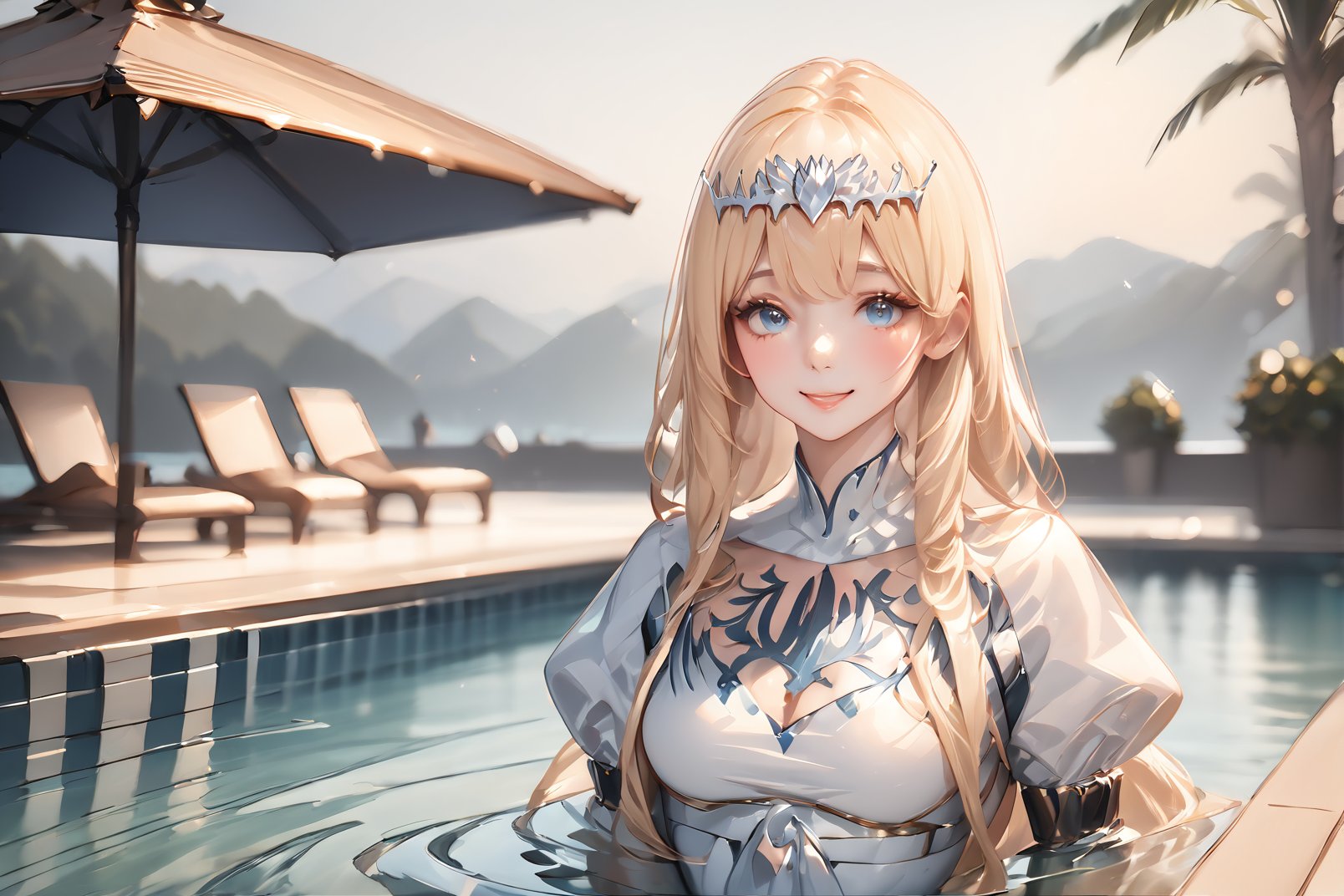 looking at the viewer, charming girl, beautiful woman, elegant bearing, excellent hanger, smiling kindly.
BREAK
 beautiful eyes, white skin, sexy and attractive body,
BREAK
Public background pool, she is coming out of the water, sunny day, blurred background, detailed water.
BREAK
digital art, professional style, detailed image, detailed skin, blush, realistic eyes, extremely beautiful woman, ((masterpiece quality: 2)), light particles, attractive image, reflections, Details, 1girl, solo, Calca, Calca Bessarez, blonde hair, (extremely long hair:1.3), very long hair, white tiara, white dress, blue eyes, medium chest,medium breast,extremely long hair