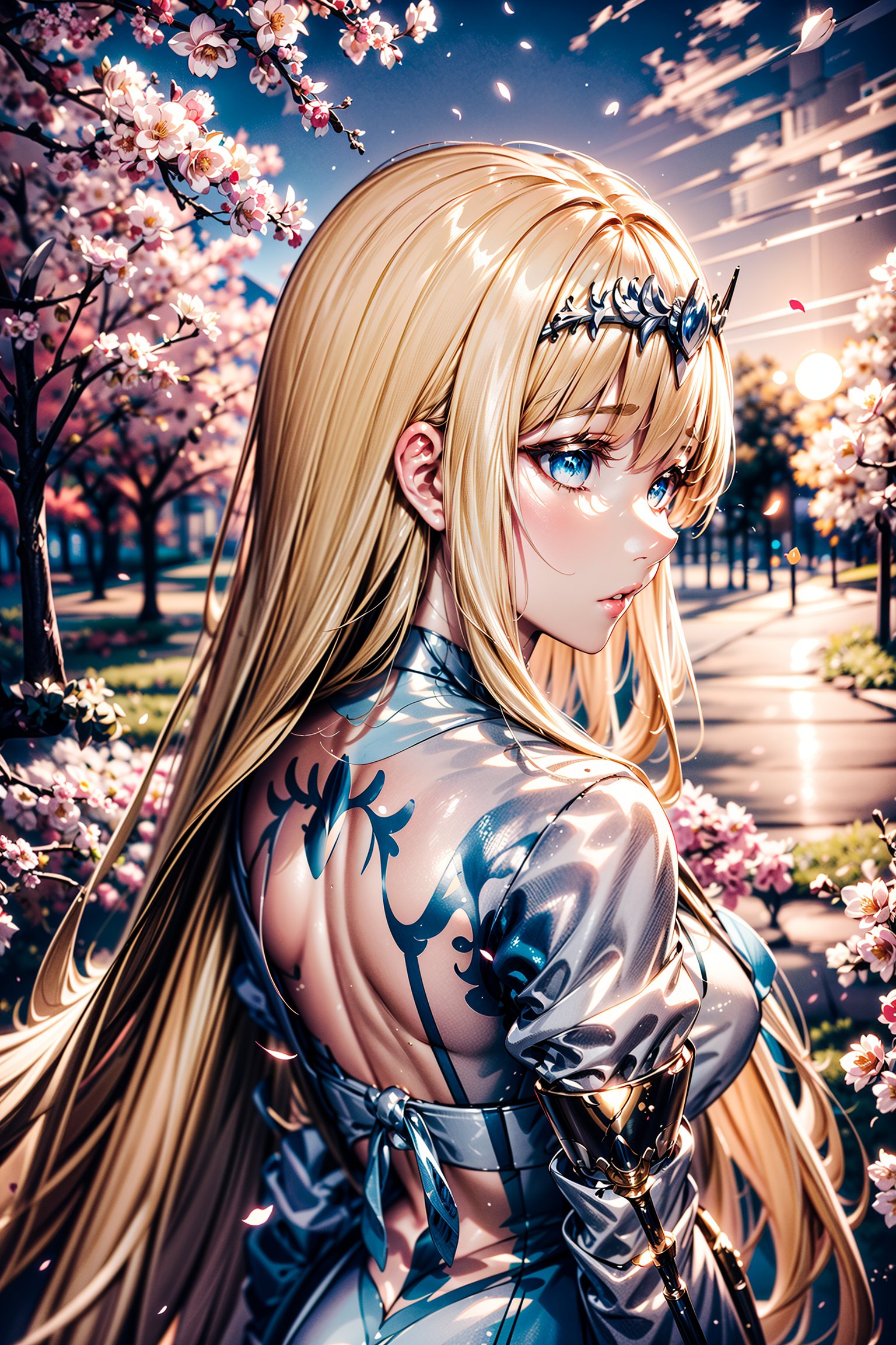 ,viewed from behind,best quality,aesthetic,perfect face,expressive eyes,((upper body)),hand moving hair, , parted lips, autumn,sakura flower petals falling,sakura tree,complex, dramatic lighting, rim lighting,outdoors, sunset,holding sword over shoulder,sword behind back, sword running down back, 1girl, solo, Calca, Calca Bessarez, blonde hair, extremely long hair, very long hair, white tiara, white dress, blue eyes, medium chest