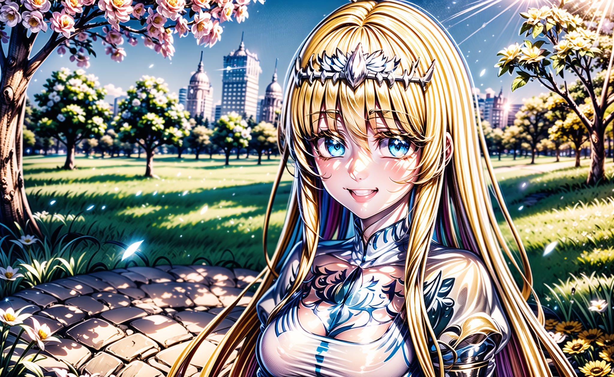 outdoors, looking at viewer, smile,  city park background, upper body, flower,, , sitting on bench at park, sunshine, flowers,, cinematic, wide angle view, bokeh, 1girl, solo, Calca, Calca Bessarez, blonde hair, (extremely long hair:1.3), very long hair, white tiara, white dress, blue eyes, medium chest,