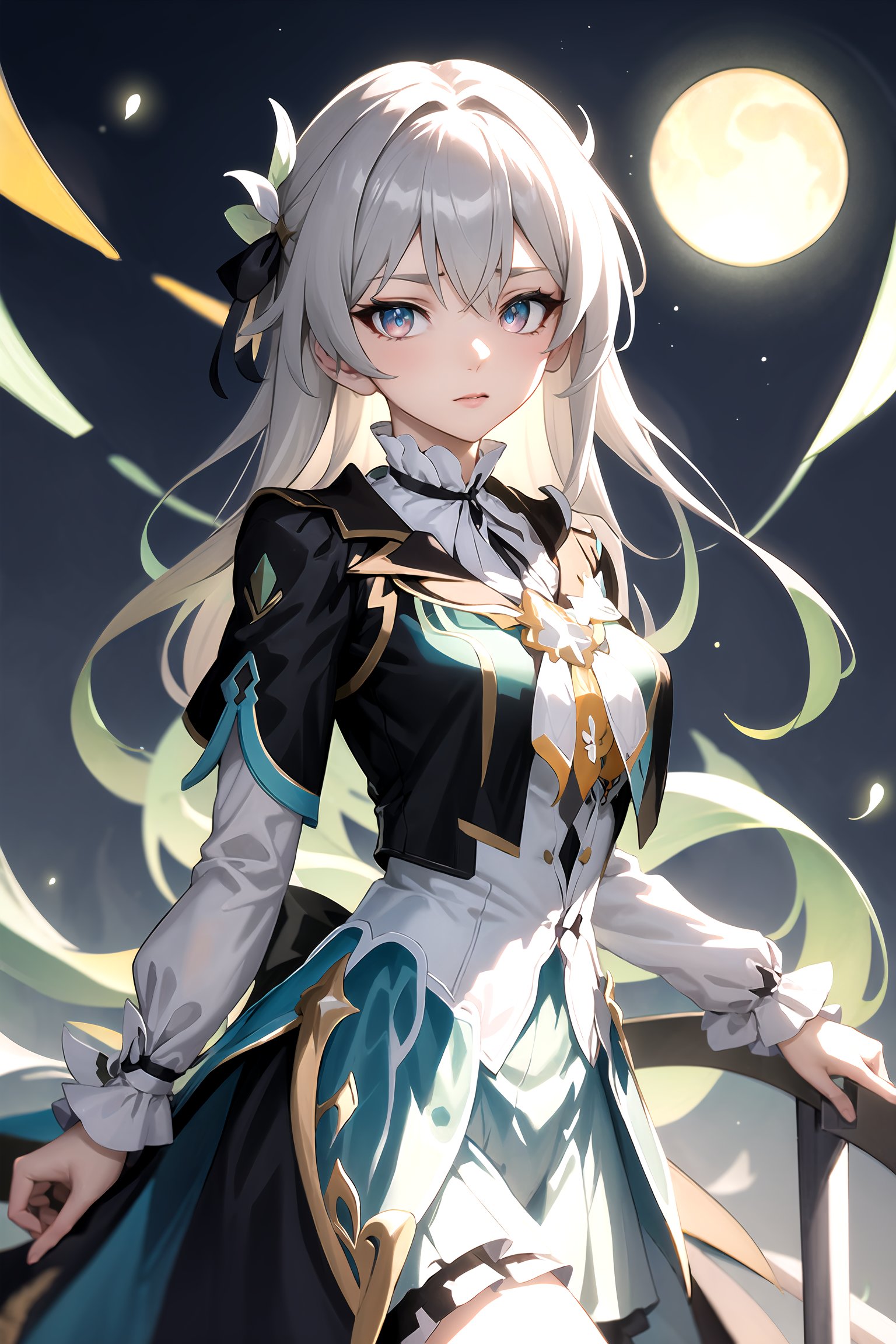 victorian dress,firefly \(honkai: star rail\), silver hair, black headband, gradient eyes 