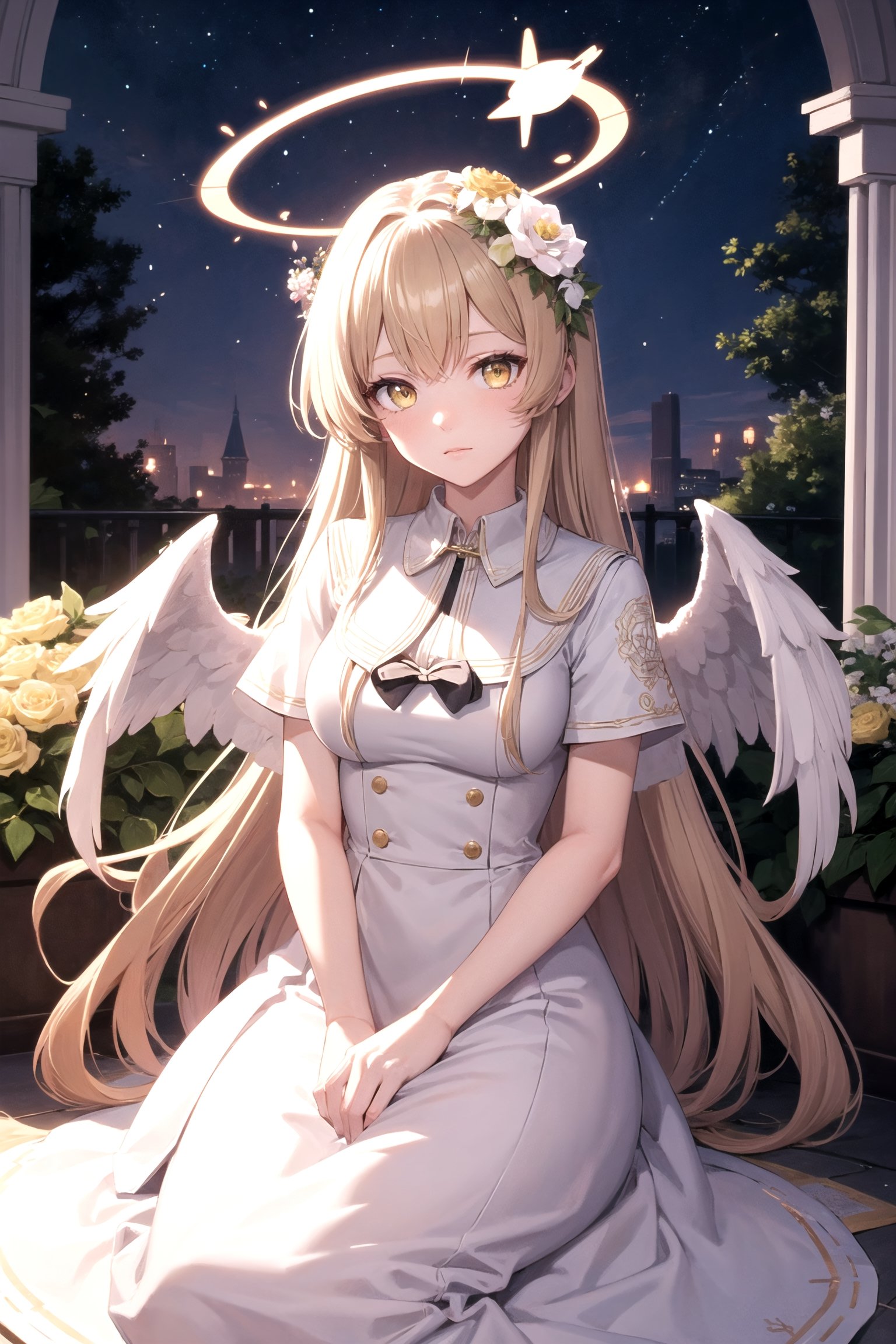 //Quality,
masterpiece, best quality
,//Character,
1girl, solo
,//Fashion,
,//Background,
night, Rose garden
,//Others,
 yellow roses, 1girl, light brown hair, white dress,nagisadef, halo, medium breast, very long hair, yellow eyes, two angel wings