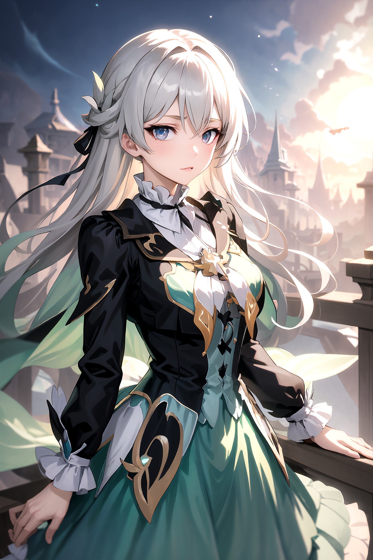 victorian dress,firefly \(honkai: star rail\), silver hair, black headband, gradient eyes 