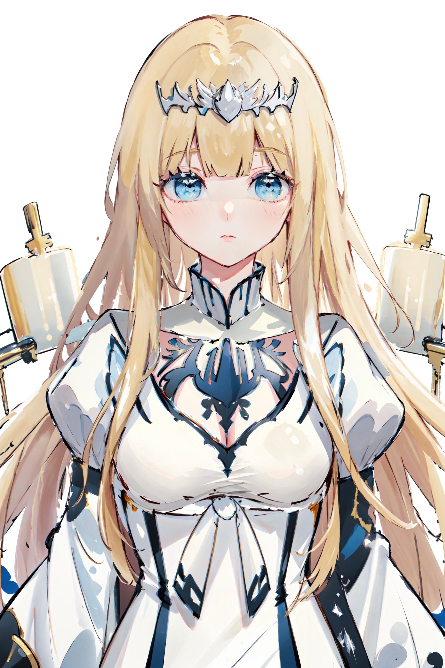 1girl, solo, Calca, calca, blonde hair, long hair, medium chest, extremely long hair, very long hair, extra long hair, white tiara, white dress, blue eyes, Calca Bessarez, medium breast,(masterpiece, best quality, highres:1.3), ultra-resolution image, upper body, 