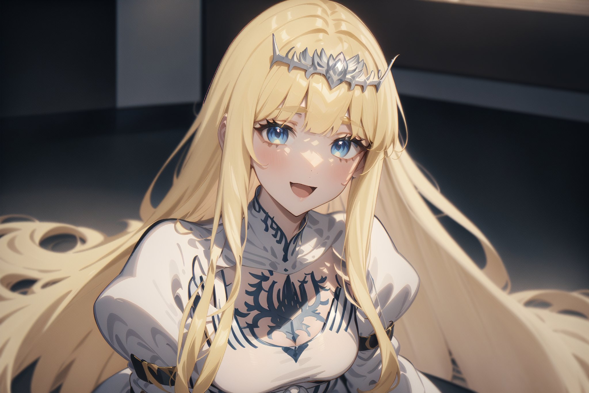 newest, anime coloring, masterpiece, best quality, best aestethic, absurdres, light smile, :D, looking at viewer, sitting,  , 1girl, solo, Calca, Calca Bessarez, blonde hair, (extremely long hair:1.3), very long hair, white tiara, white dress, blue eyes, medium chest, extremely long hair, medium breast