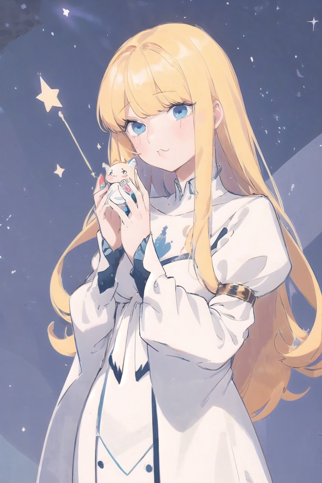 (cute illustration:1.4),(fuwafuwa illustration:1.3),masterpiece, 1girl, blonde hair,（Holding glowing stars in both hands：1.6）,better_hands, calca, extremely long hair, white dress, blue_eyes, long_sleeves