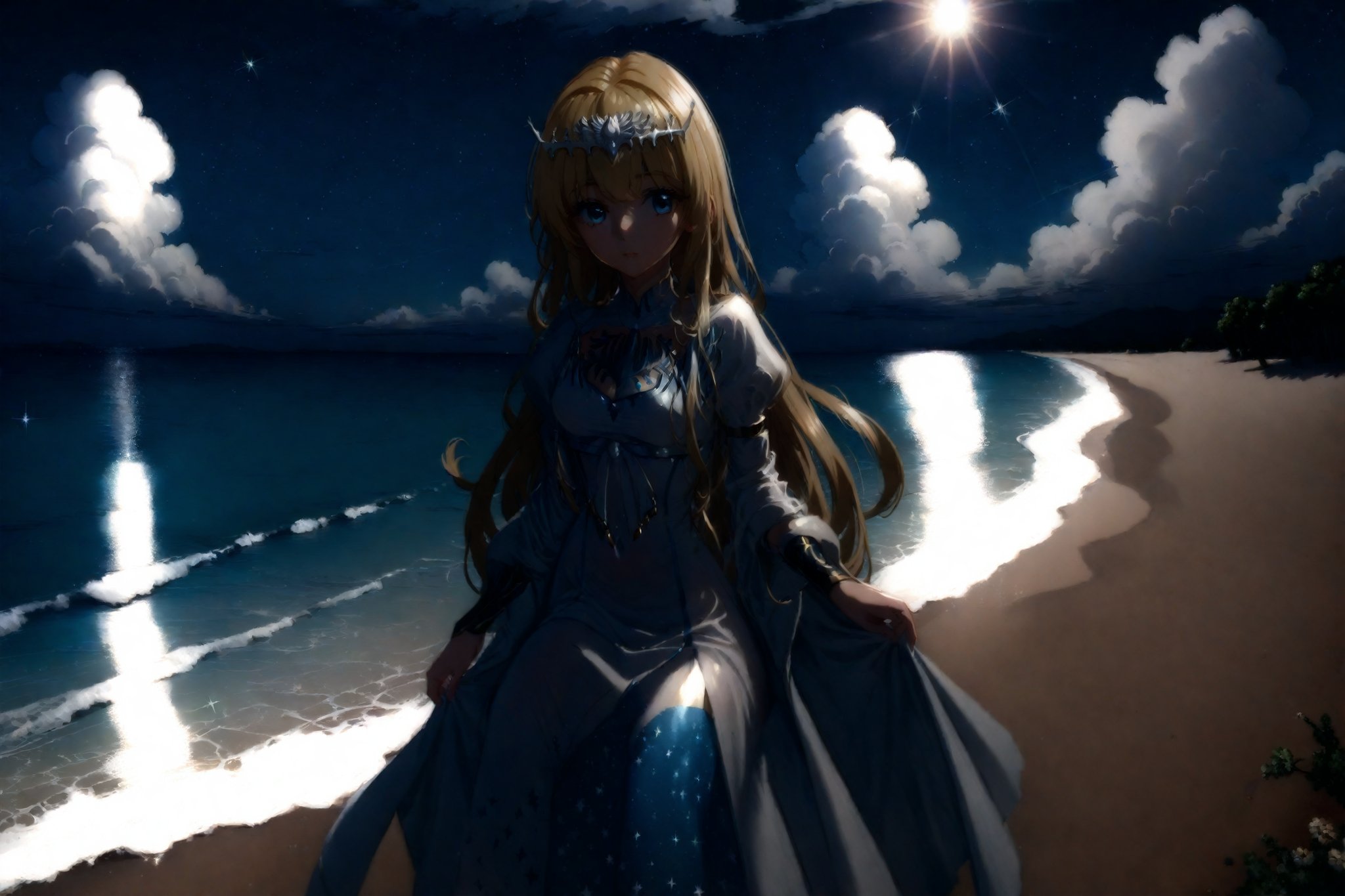 1girl, sunny beach, sandy beach, ocean, clouds, perfect light, sparkles, summer atmosphere,  1girl, solo, Calca, Calca Bessarez, blonde hair, (extremely long hair:1.3), very long hair, white tiara, white dress, blue eyes, medium chest