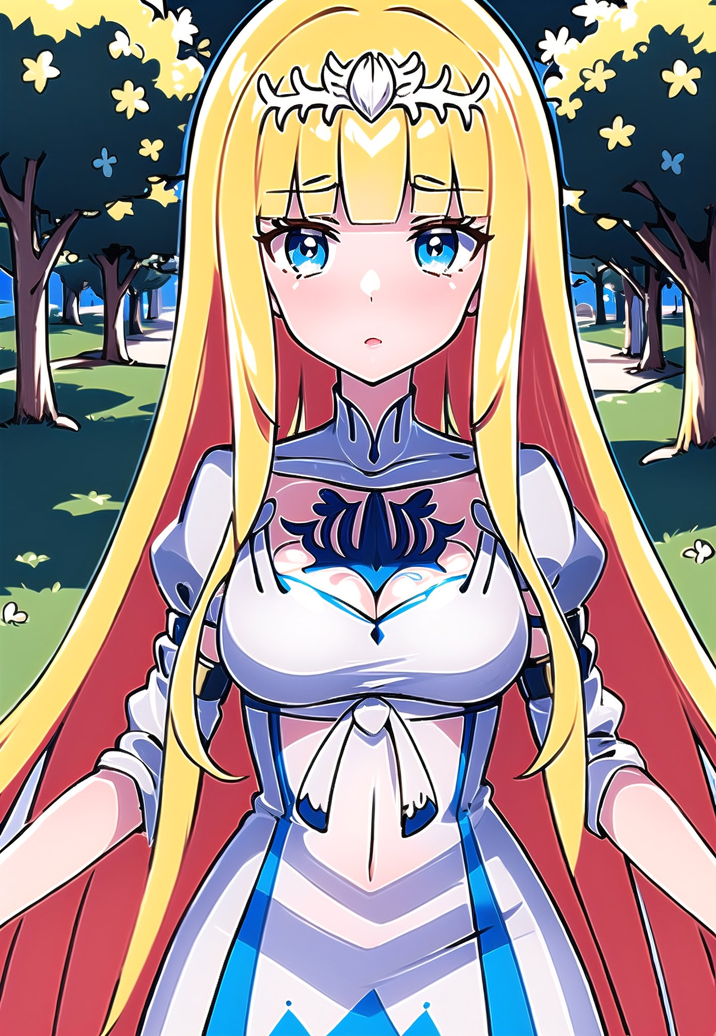 high quality,4k quality, high resolution, in a park,  1girl, solo, Calca, Calca Bessarez, blonde hair, (extremely long hair:1.3), very long hair, white tiara, white dress, blue eyes, medium chest, bangs, blunt bangs