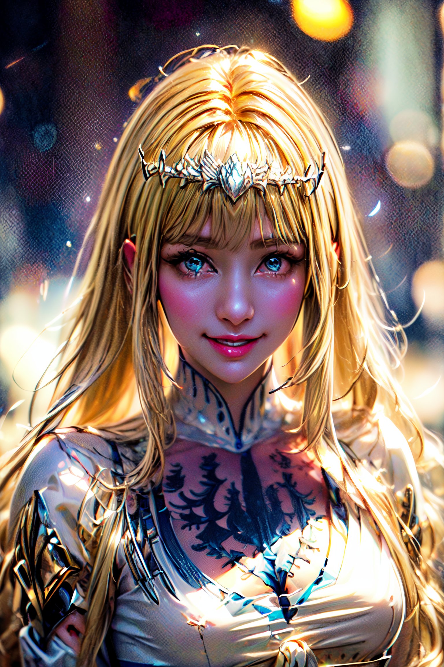 (Amazingly Beautiful Photo), Detailed Textures, high quality, high resolution, high Accuracy, realism, color correction, Proper lighting settings, harmonious composition, Behance works, 1girl, solo, Calca, Calca Bessarez, blonde hair, (extremely long hair:1.3), very long hair, white tiara, white dress, blue eyes, medium chest, medium breast, yellow hair color, smile, happy face