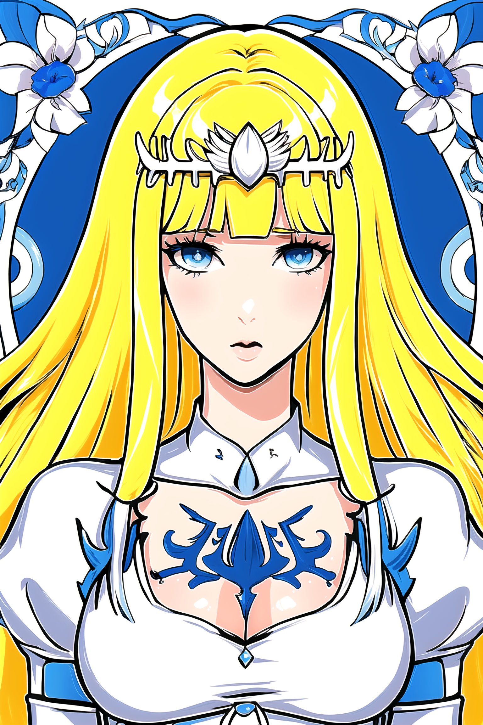 flower power combines with psychedalic colours, 1girl, solo, Calca, Calca Bessarez, blonde hair, (extremely long hair:1.3), very long hair, white tiara, white dress, blue eyes, medium chest, medium breast, yellow hair color