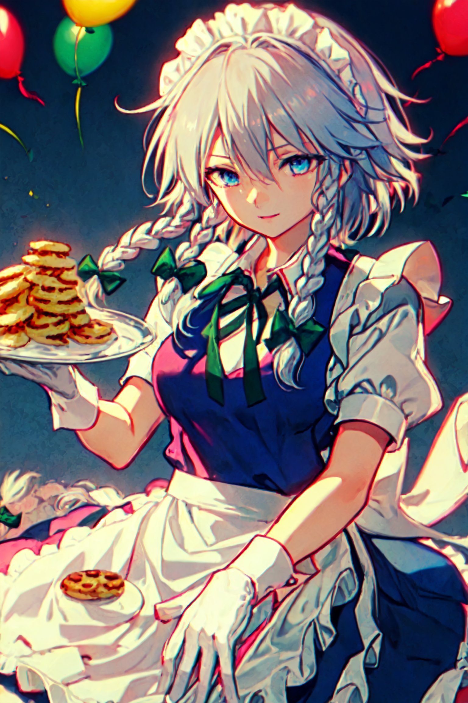 portrait, illustration, shiny hair and skin, colorful, chromatic aberration, light particles, glowing eyes, a girl, happy, holding a plate of cookies, freshly baked, kitchen gloves, from above, celebration, balloons, party, 1girl, solo, izayoi_sakuya_touhou, Sakuya, Sakuya Izayoi, blue maid outfit, white apron, white maid headband, silver hair, two braided hair, short hair, blue eyes, blue eyes, two green ribbons on her braided hair, green bowtie, maid_headdress, short_hair, maid,braid