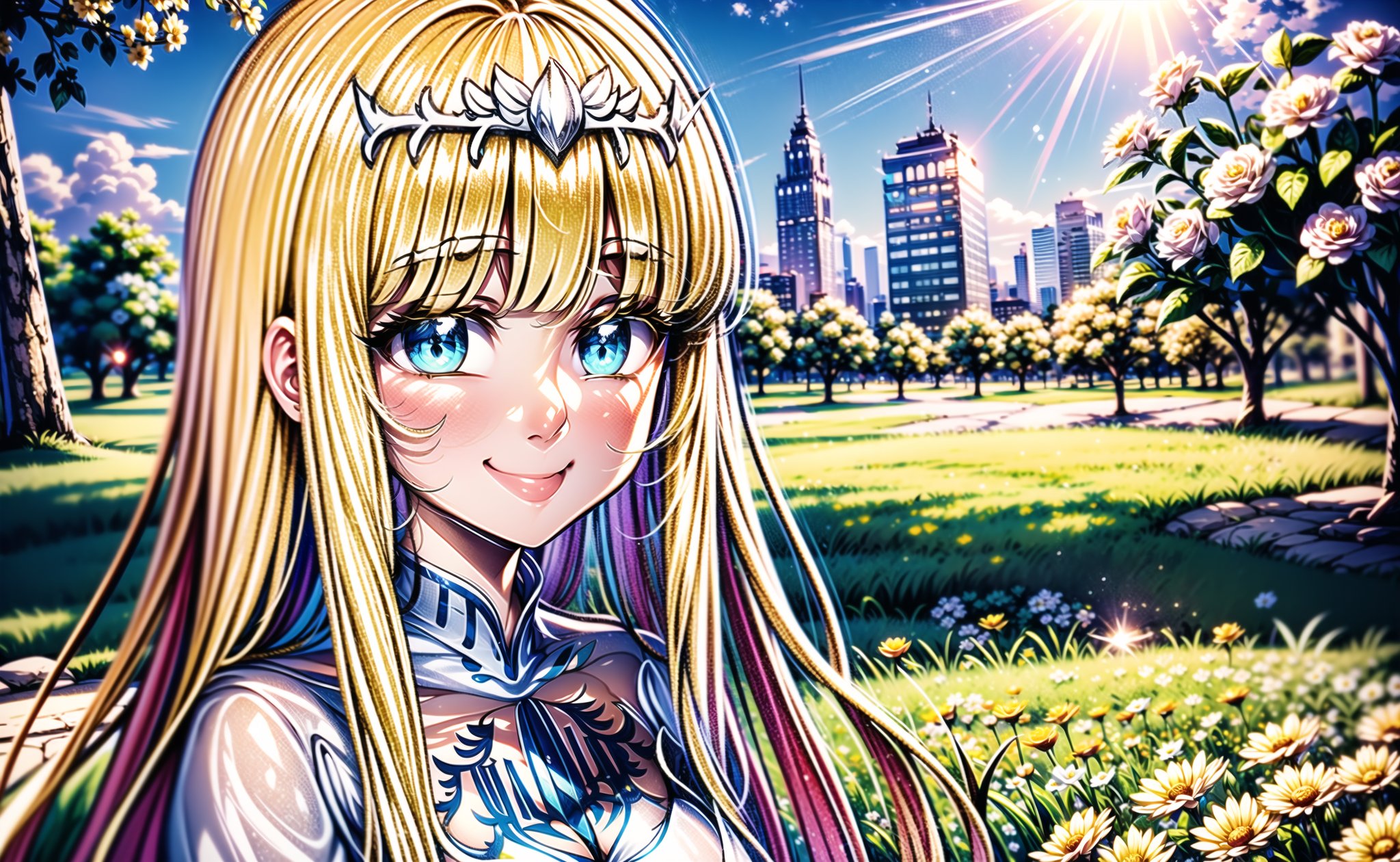 outdoors, looking at viewer, smile,  city park background, upper body, flower,, , sitting on bench at park, sunshine, flowers,, cinematic, wide angle view, bokeh, 1girl, solo, Calca, Calca Bessarez, blonde hair, (extremely long hair:1.3), very long hair, white tiara, white dress, blue eyes, medium chest,