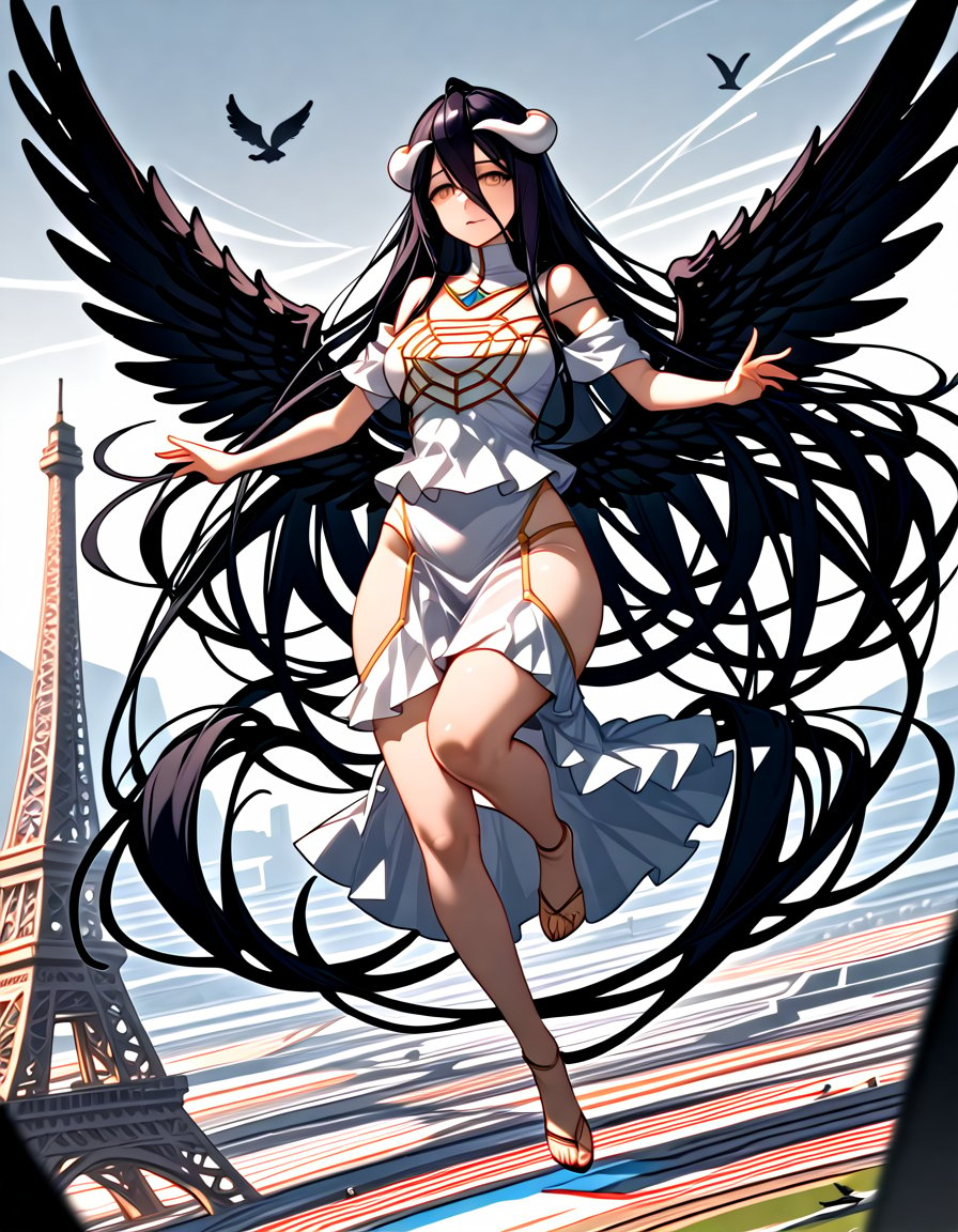  flying, high jump, falling, olympics, the Eiffel Tower,

(masterpiece:1.2), (best quality:1.2), (very aesthetic:1.2), (absurdres:1.2), (detailed background:1.1), newest, safe, 1girl,albedo \(overlord\), black hair, very long hair, white horns, lower wings, black wings, white dress, yellow eyes. 