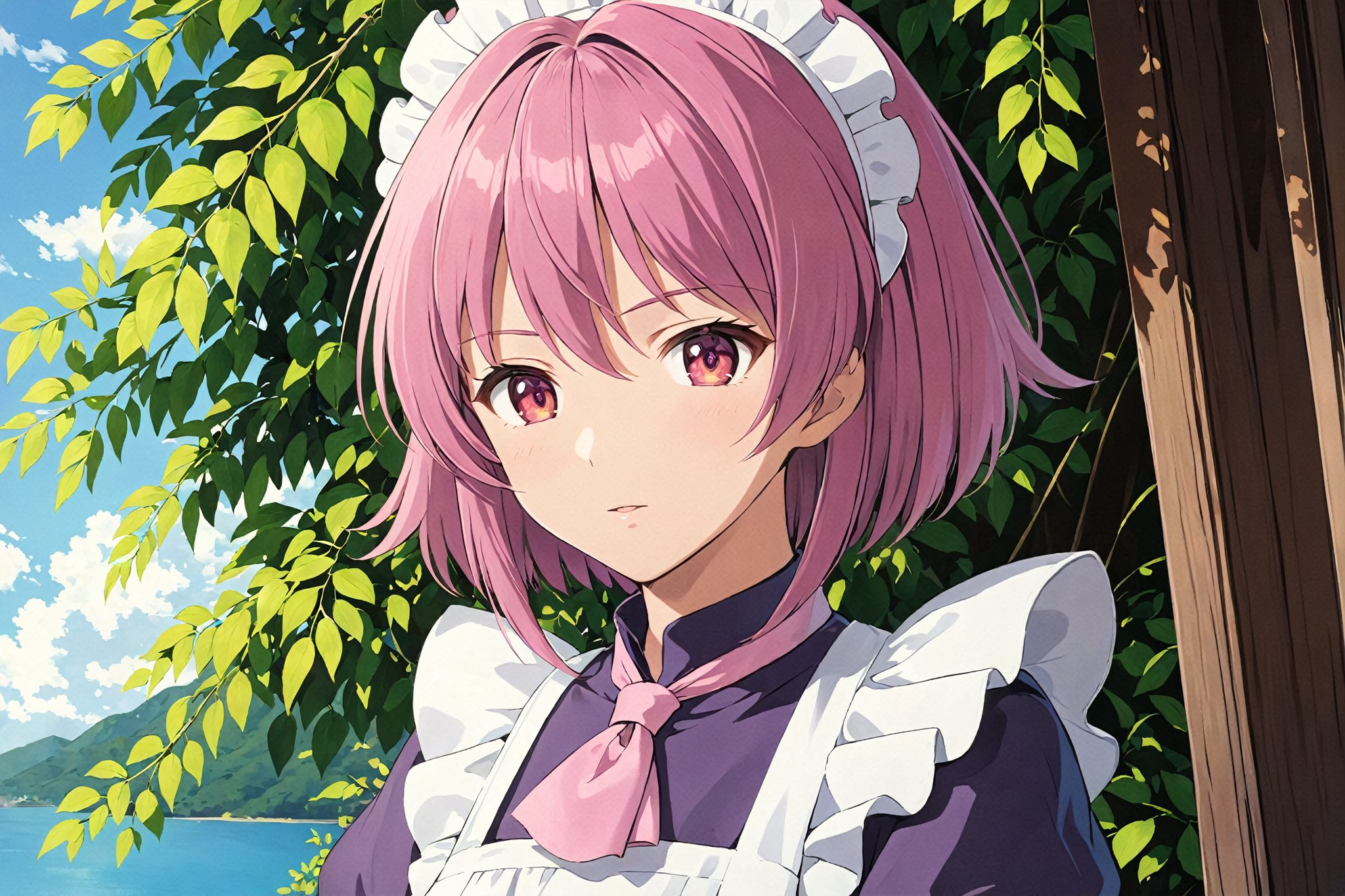 looking at viewer, ,  upper body, , ahoge, female focus, outdoors, ,1girl, solo, dark purple maid dress, white apron, white maid headband, yellow double necktie, puffy sleeve, long sleeve, dark pink hair, (sidelock:1.3), short hair, dark pink eyes,, mature female, 25 years olds