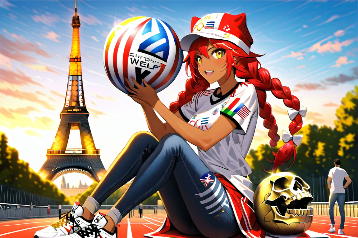 On a splendid sunny day, at the foot of the Eiffell Tower, cheer for her national team at the Olympics, a white t-shirt with the five Olympic rings and a pair of jeans, in one hand she holds a skull flag., lupusreginabeta, very long red hair, yellow eyes, twin braids, dark-skinned female, black hat, maid dress, , yellow eyes, double braided hair