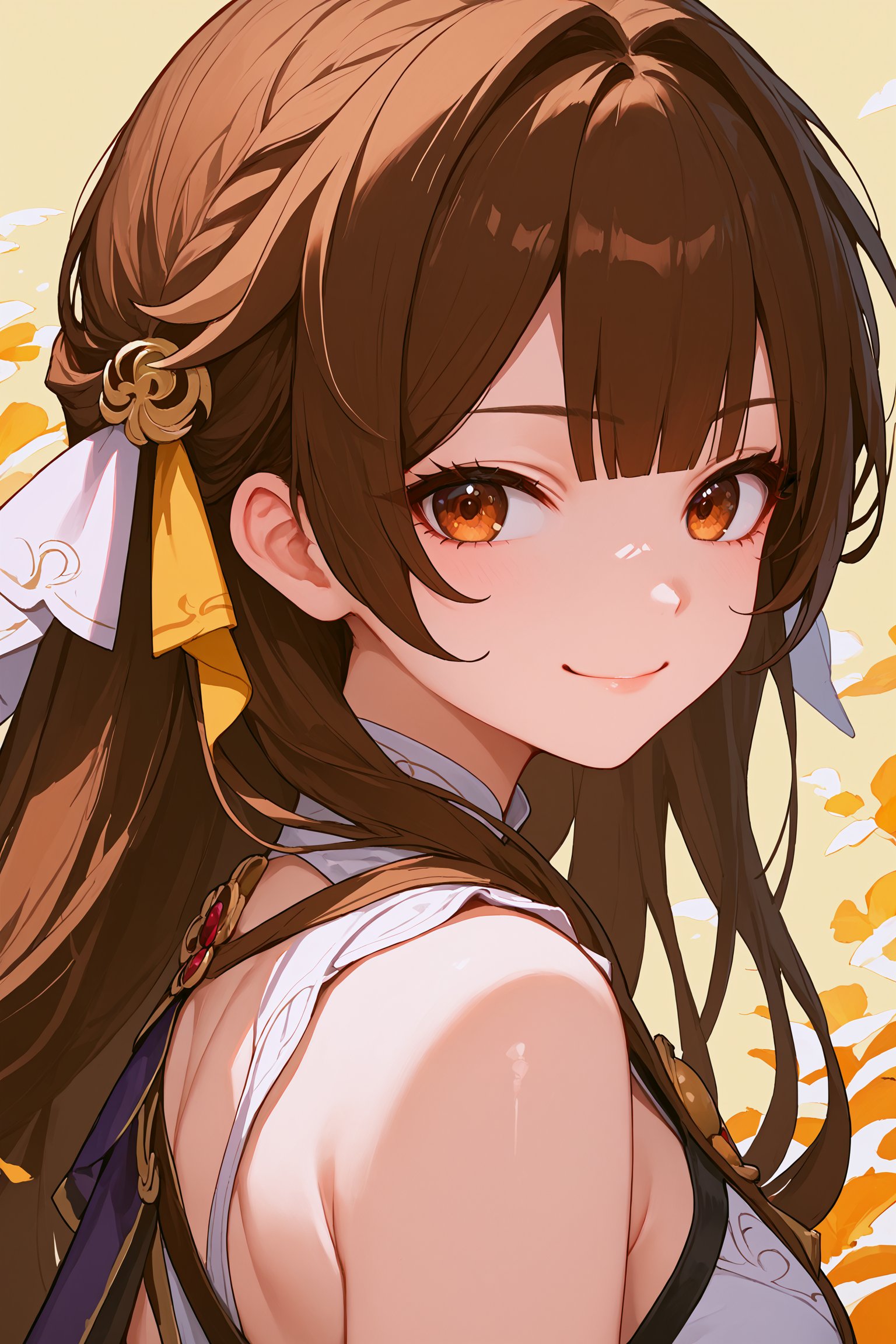 masterpiece, 1girl, high quality, deep_skin, extremely high quality, score_9, score_8_up, score_7_up, source_anime, looking back, smug, beautiful background,sushang,SushangBren,long hair,brown hair,brown eyes, focus face, close up, smile