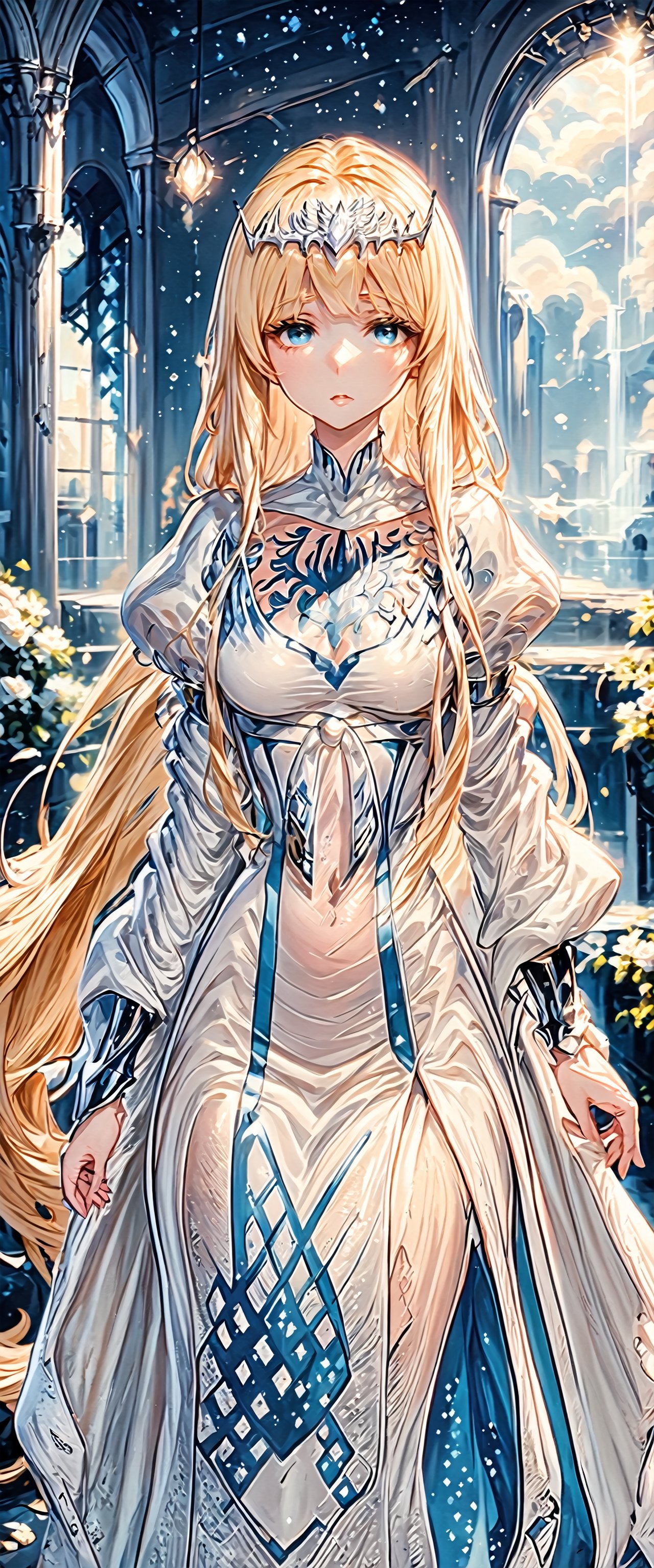 A stunning image, captivating gaze. Soft lighting, overall allure. intensity as she looks directly at the viewer  ,1girl, solo, Calca, Calca Bessarez, blonde hair, (extremely long hair:1.3), very long hair, white tiara, white dress, blue eyes, medium chest,extremely long hair