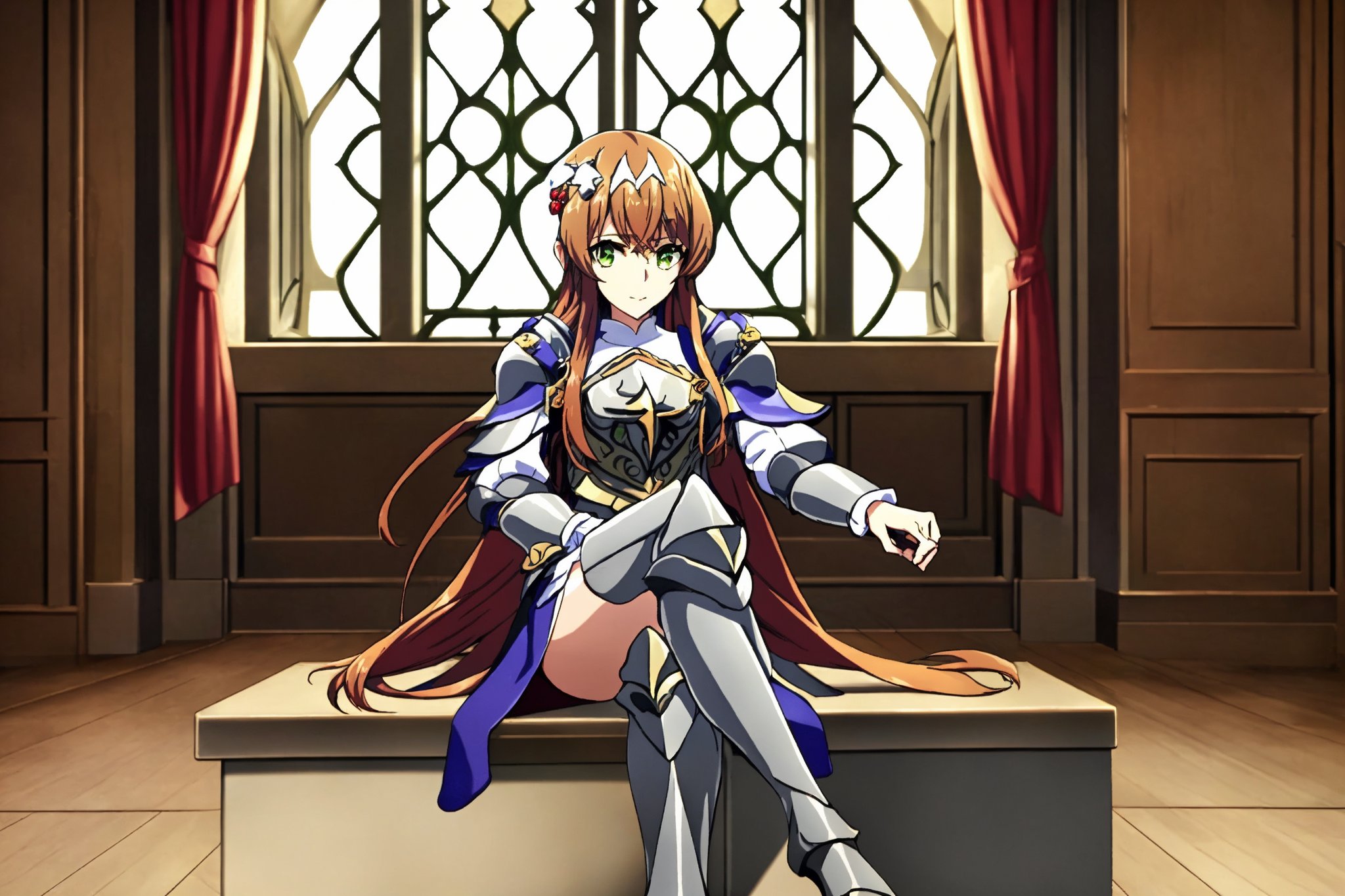 1girl,,solo, being alone, sitting, crossed legs, sitting on the floor, medieval age bedroom, castle background at the window,Lightbringer,Neo Elma,orange hair,very long hair,green eyes,(hair ornament:1.3),silver armor,female knight,gauntlet, three lozenge shape ornament