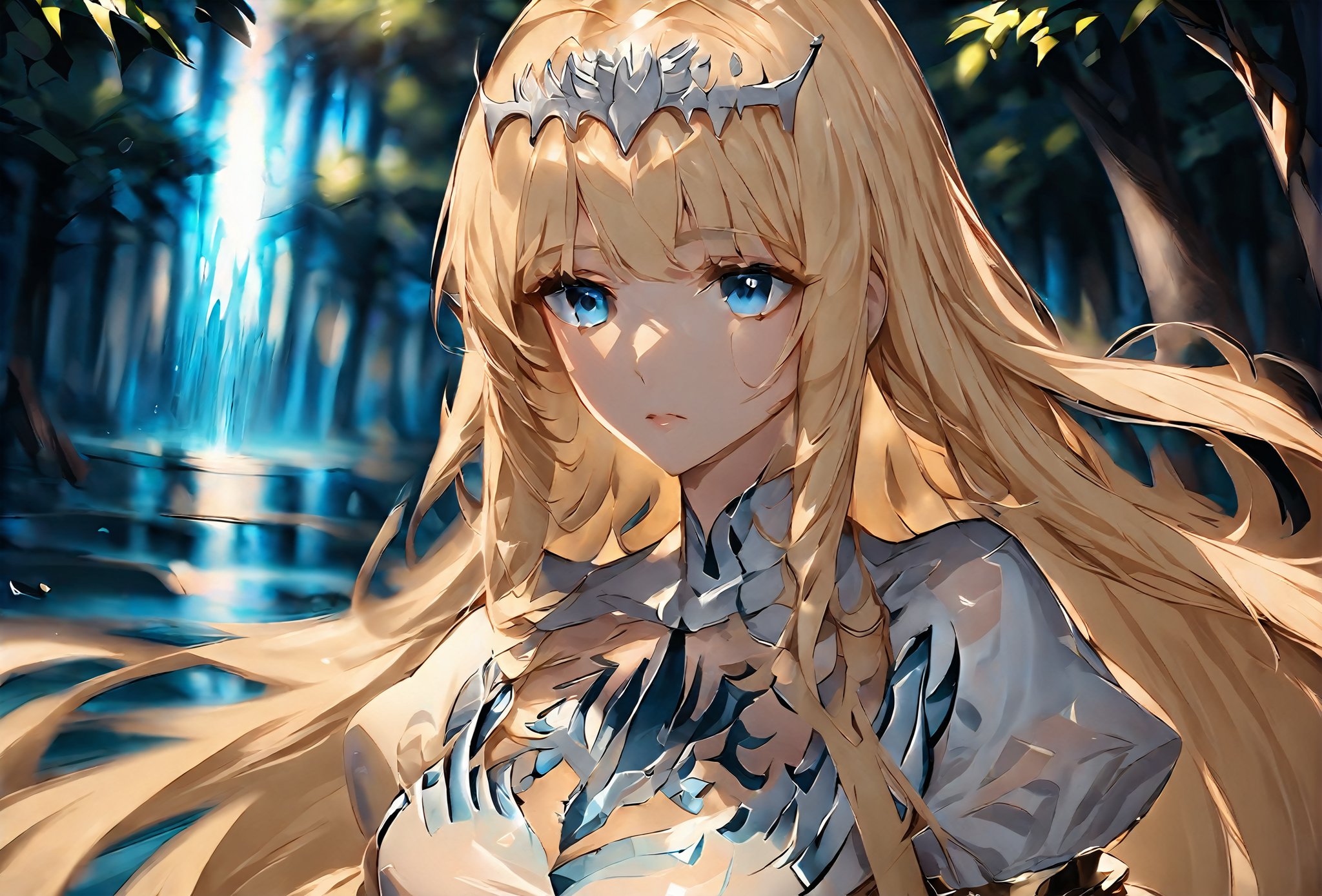 8K, high resolution, (masterpiece, best quality), cinematic,  water hair, light blue eyes, water dress, side_lighting, abstract,s, (background enchanted forest, perspective:0.5, gaussian blur, intensity:0.5,  1girl, solo, Calca, Calca Bessarez, blonde hair, (extremely long hair:1.3), very long hair, white tiara, white dress, blue eyes, medium chest,extremely long hair, upper body