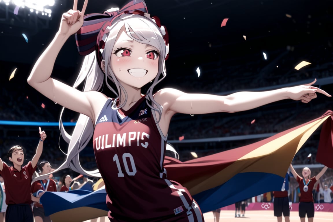 A charismatic female sport player standing on the court after winning an Olympic game. She's grinning broadly, her face flushed with joy and excitement. She's holding a basketball under one arm, her other arm raised in triumph. Her athletic body is still glistening with sweat from the intense match. She wears a slightly disheveled national team uniform in dark red colors. The background shows a celebratory scene with teammates hugging, confetti falling, and ecstatic fans in the stands. Olympic flags and banners are visible in the arena. Photorealistic style, sharp focus on the athlete's beaming face and upper body. The lighting is bright and festive, highlighting her victorious pose and radiant smile. 8k resolution, highly detailed, capturing every nuance of her post-game elation and the electric atmosphere of the moment.,shalltear bloodfallen \(overlord\), silver hair, red eyes, big ribbon hair ornament, flat chest, small breast