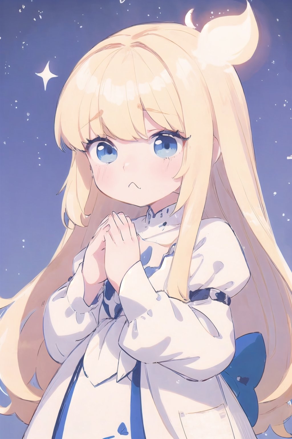 (cute illustration:1.4),(fuwafuwa illustration:1.3),masterpiece, 1girl, blonde hair,（Holding glowing stars in both hands：1.6）,better_hands, calca, extremely long hair, white dress, blue_eyes, long_sleeves, cute, child, adorable