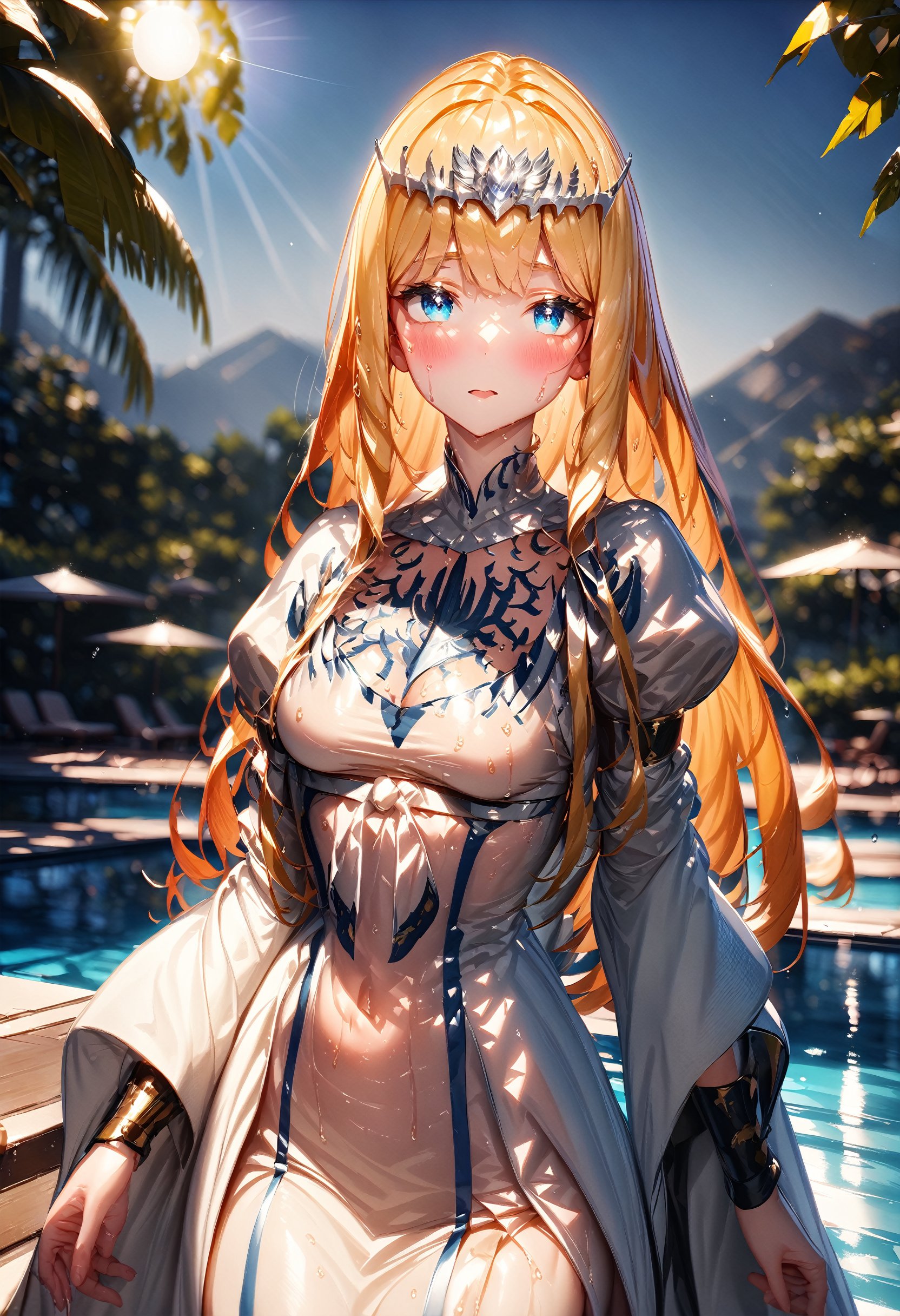 masterpiece, best quality, very aesthetic, absurdres, vivid color ,pool,((walk)),((anime girl)), highly detailed beautiful face, beautiful face, beautiful eyes, (talented lo-fi:1.3), despicable, shine, shine light, Super detailed, scenic, in the atmosphere,((masterpiece, highest quality;1.3)), Super detailed, 8k unity wallpaper, CG, ray tracing, shape, colorful, cinematic shadow, Highly detailed and beautiful background,VHD, VRay shading,RT, blush,wet,Blue sky,background a pool,sun light,1girl, solo, Calca, Calca Bessarez, blonde hair, (extremely long hair1.3), very long hair, white tiara, white dress, blue eyes, medium chest