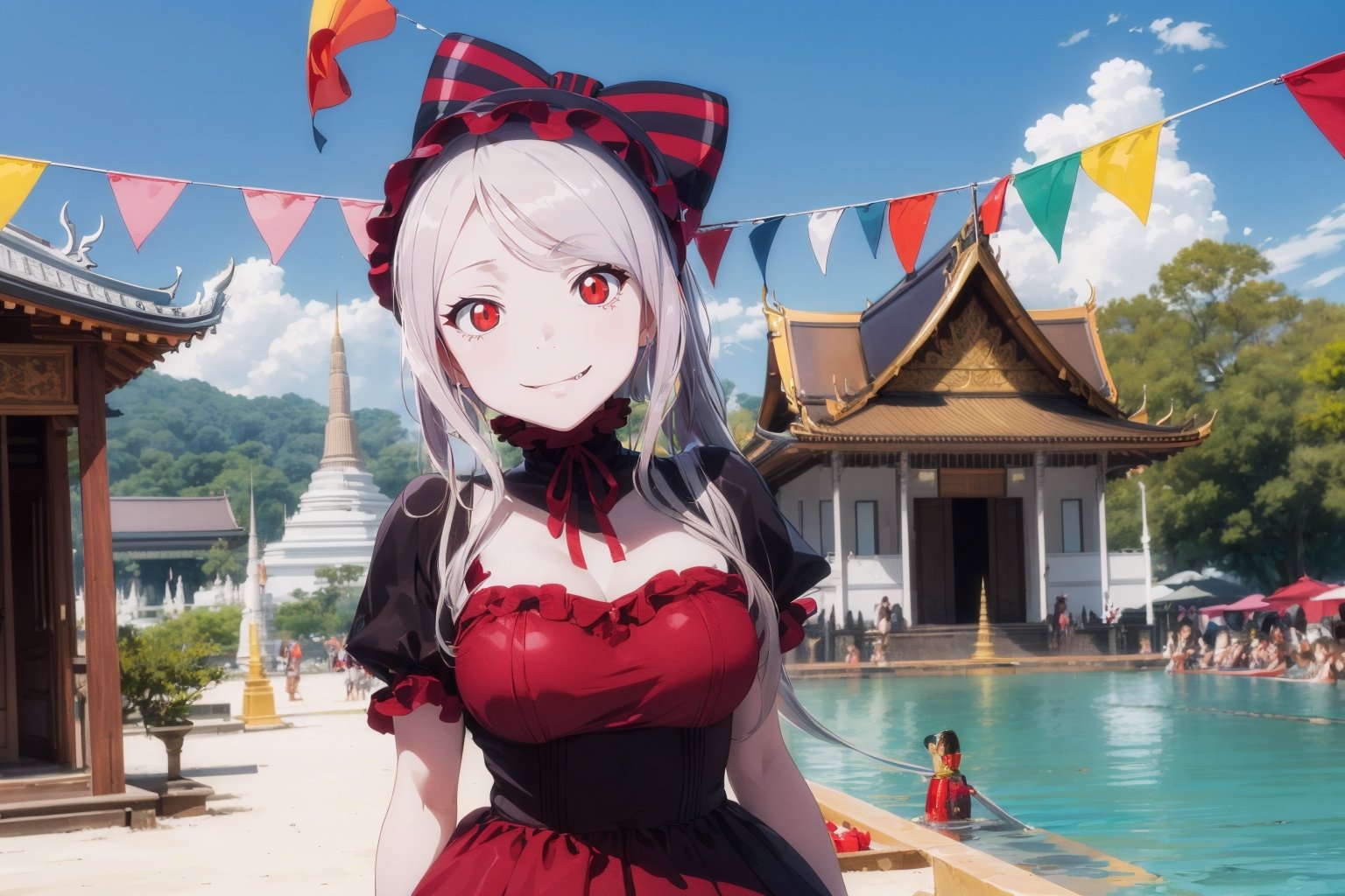 (((picture perfect))), (absurdres), 1girl, solo, , shalltear bloodfallen, frilled dress, gothic, bonnet, hair bow, fang out, looking at viewer, smile, small breast, 

Songkran Festival, Songkran day, red water splash, red water festival, water gun, sand castle, water bucket, golden pagoda, golden temple, festival flags, effect of flowing water, colorful style, Thailand decoration, colorful swimming glasses, using a transparent umbrella to protect water, the effect of red water, colorful dress, drinking red cocktail, a lot of festival flags, water, small chests