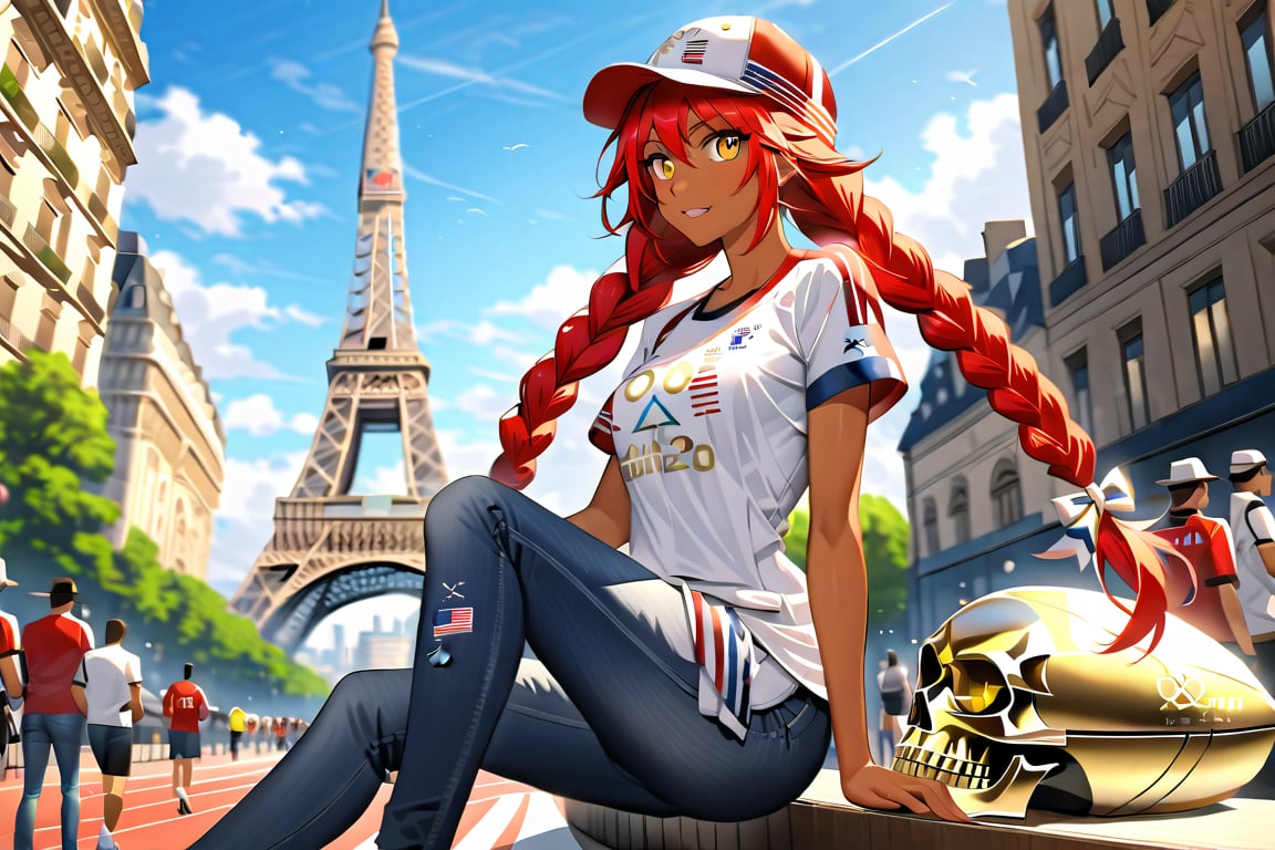 On a splendid sunny day, at the foot of the Eiffell Tower, cheer for her national team at the Olympics, a white t-shirt with the five Olympic rings and a pair of jeans, in one hand she holds a skull flag., lupusreginabeta, very long red hair, yellow eyes, twin braids, tan-skinned female, black hat, maid dress, , yellow eyes, double braided hair