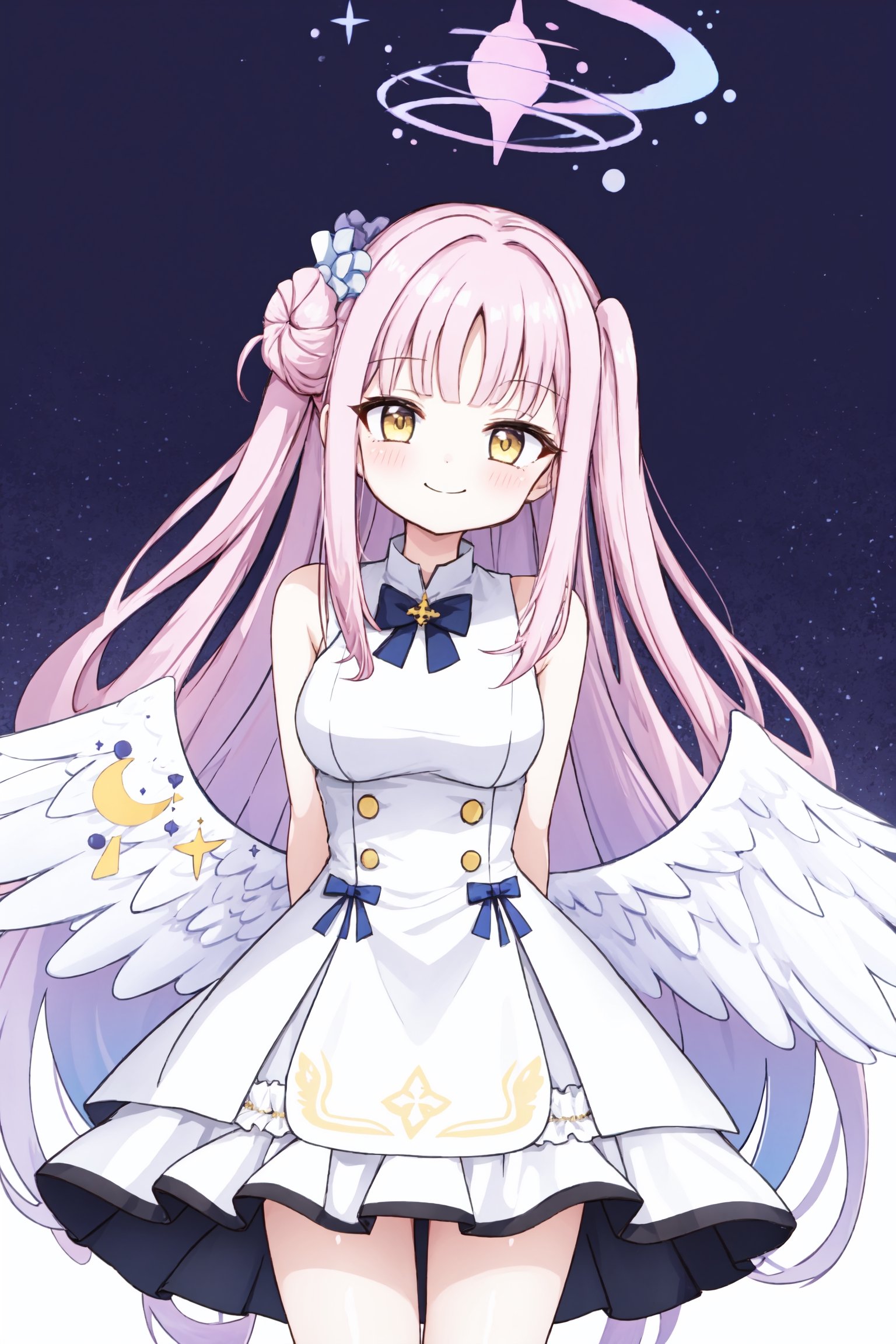 1girl, cute, closed mouth, smile, (arms behind back), standing,aamika, white dress, yellow eyes, pink hair, very long hair, halo, angel wings, lower wings, tighthigh