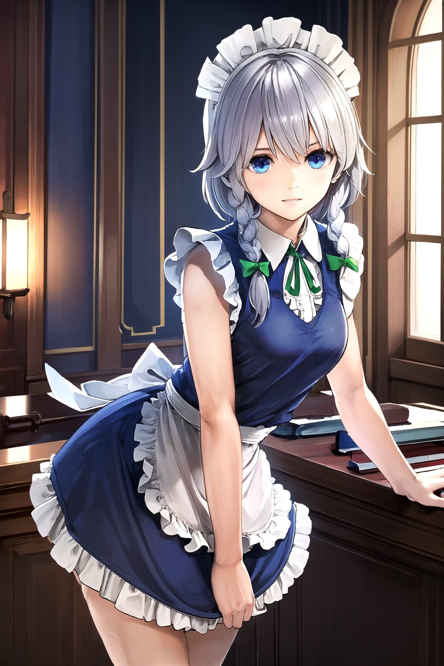 //Quality,
masterpiece, best quality
,//Character,
1girl, solo
,//Fashion,
,//Background,
gothic victorian mansion, indoors, 
,//Others,
, izayoi Sakuya, , silver hair, maid dress, white apron, very short skirt, sexy pose, , sleeveless outfit, detailed face, detailed eyes, fresh blue eyes, big green ribbons, blue outfit, double braids, small green ribbons