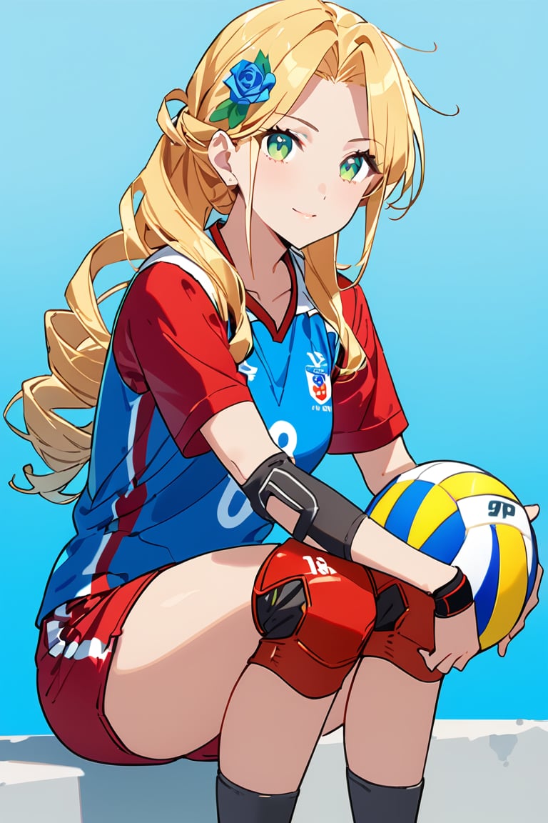 Masterpiece, Top Quality, Aesthetic, Score 9 Up, Score 8 Up, Score 7 Up, Score 6 Up, Sitting, Ball, white blue red Sportswear, Knee Pads, Elbow Pads, Hands on Own Knees, Volleyball, Volleyball Uniform, Jersey,flat style, green eyes, long drill_hair, extremely long drill_hair, blonde hair, blue rose hair ornament, 25 year old, mature female