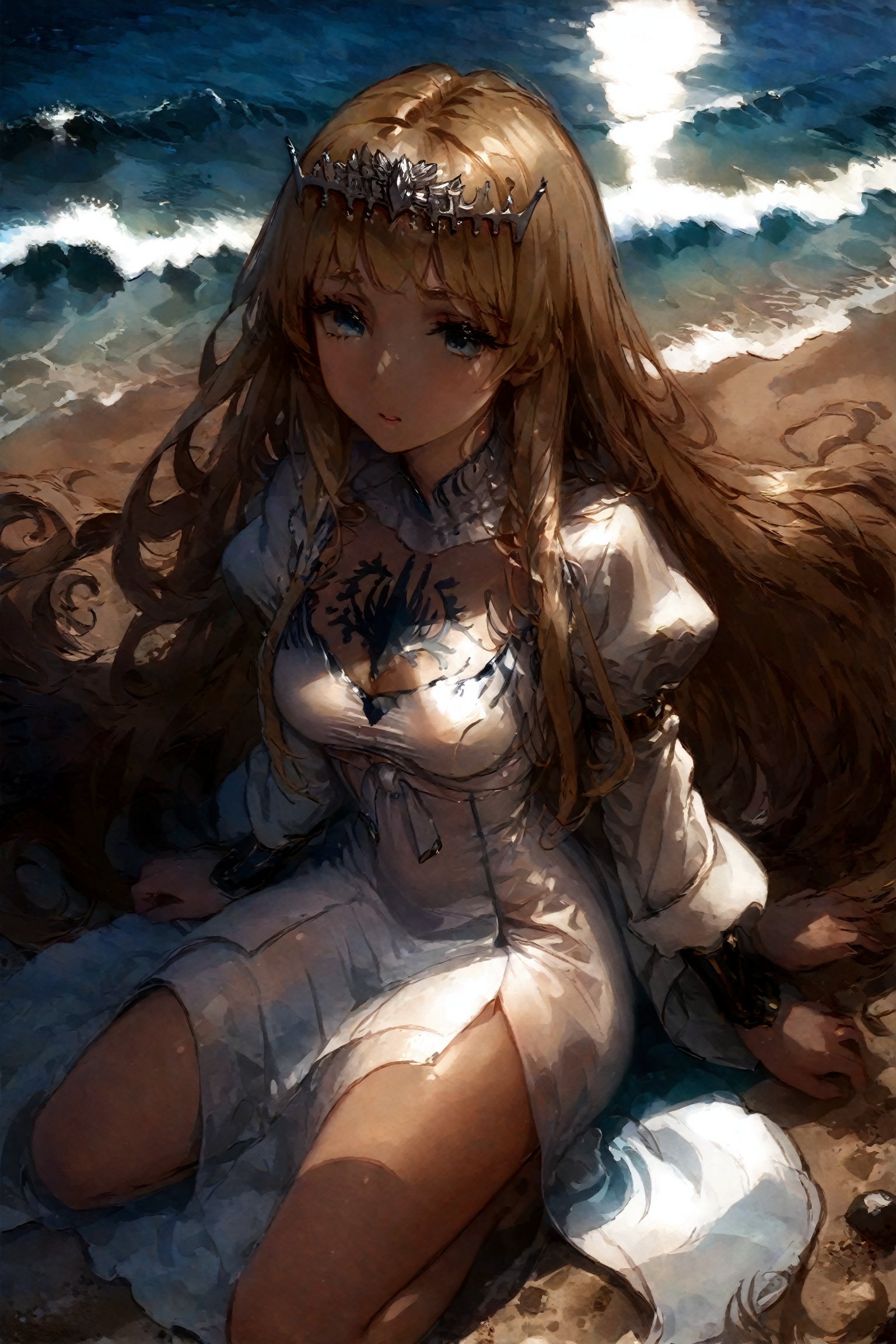 score_9_up, score_8_up, score_7_up, score_6_up, kneeling, on a beach, from above, close-up photography, masterpiece, best quality, official art, high resolution, pastel art style, beauty and aesthetic, emanating irresistible sexual attractiveness, japanese pornography aesthetic, looking up at viewer, lustful expression.,  1girl, solo, calca, blonde hair, medium chest, (extremely long hair:1.3), very long hair, extra long hair, white tiara, white dress, blue eyes,Calca Bessarez,Calca