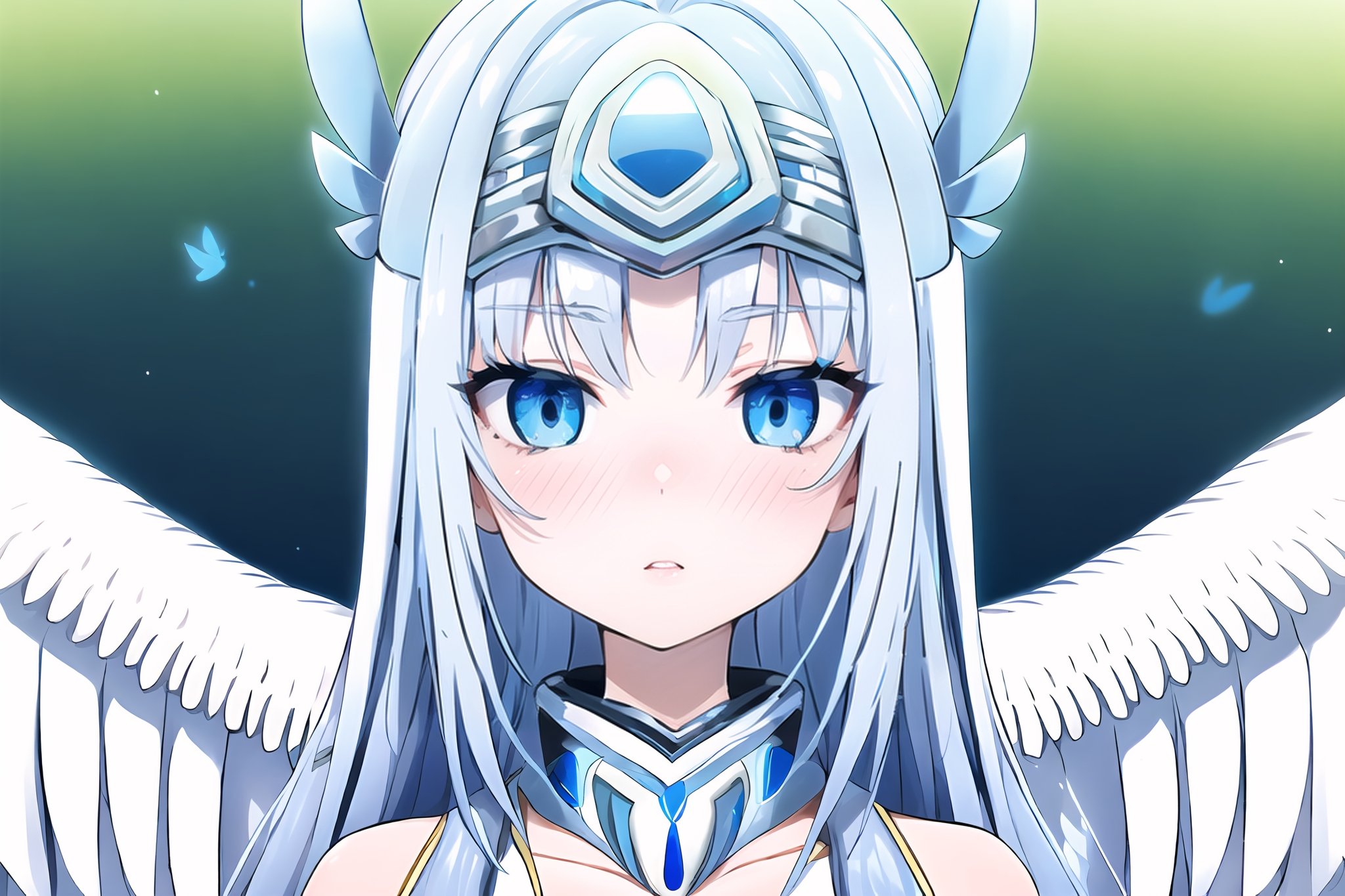 intense and bright colors, light blue eyes, butterfly details,anime,Noint, 1girl, solo, extremely long hair, silver hair, straight hair, light blue eyes, large white wing, feather Wings, hair ornament, silver hair band, off-shoulder, serious face, hand armors, silver neck armor,