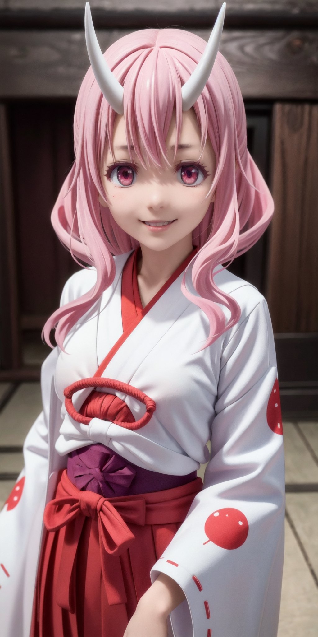 best quality, masterpiece, highres, detailed, digital artwork, , MeliaXenoblade, pink eyes, pink hair, small white oni horns, white and red Japanese hakama, upper body, happy, smile,,Shuna,1girl, solo, medium breast